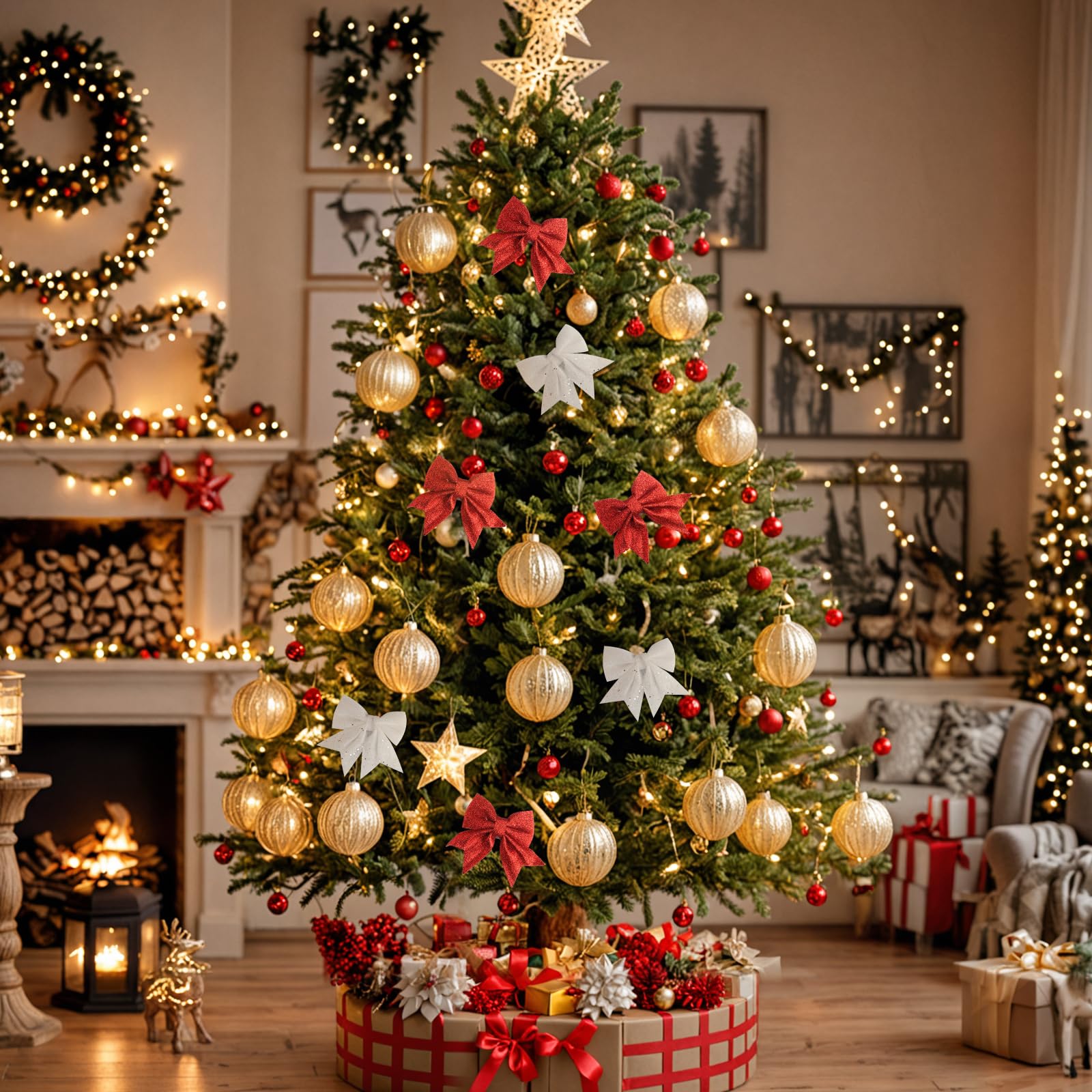 Addobbi Natalizi Fai Da Te 12 Fiocchi Rossi Per Albero Di Natale Con Paillettes - Decorazioni Natalizie In Cotone Perlato, 15x12cm Addobbi Natale Rossi Per Regali E Alberi