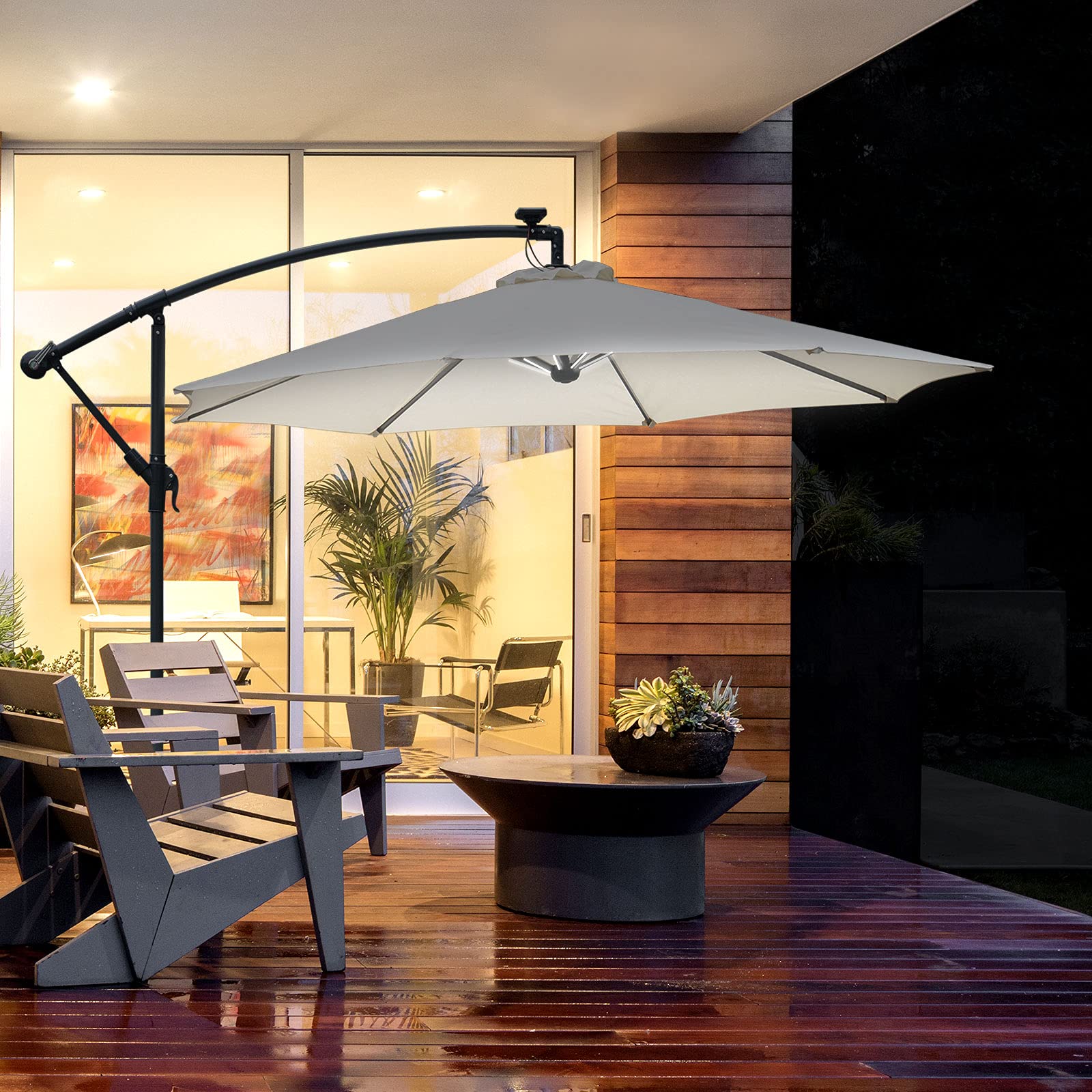 Outsunny 3m LED Patio Banana Umbrella Cantilever Parasol w/Crank Cross