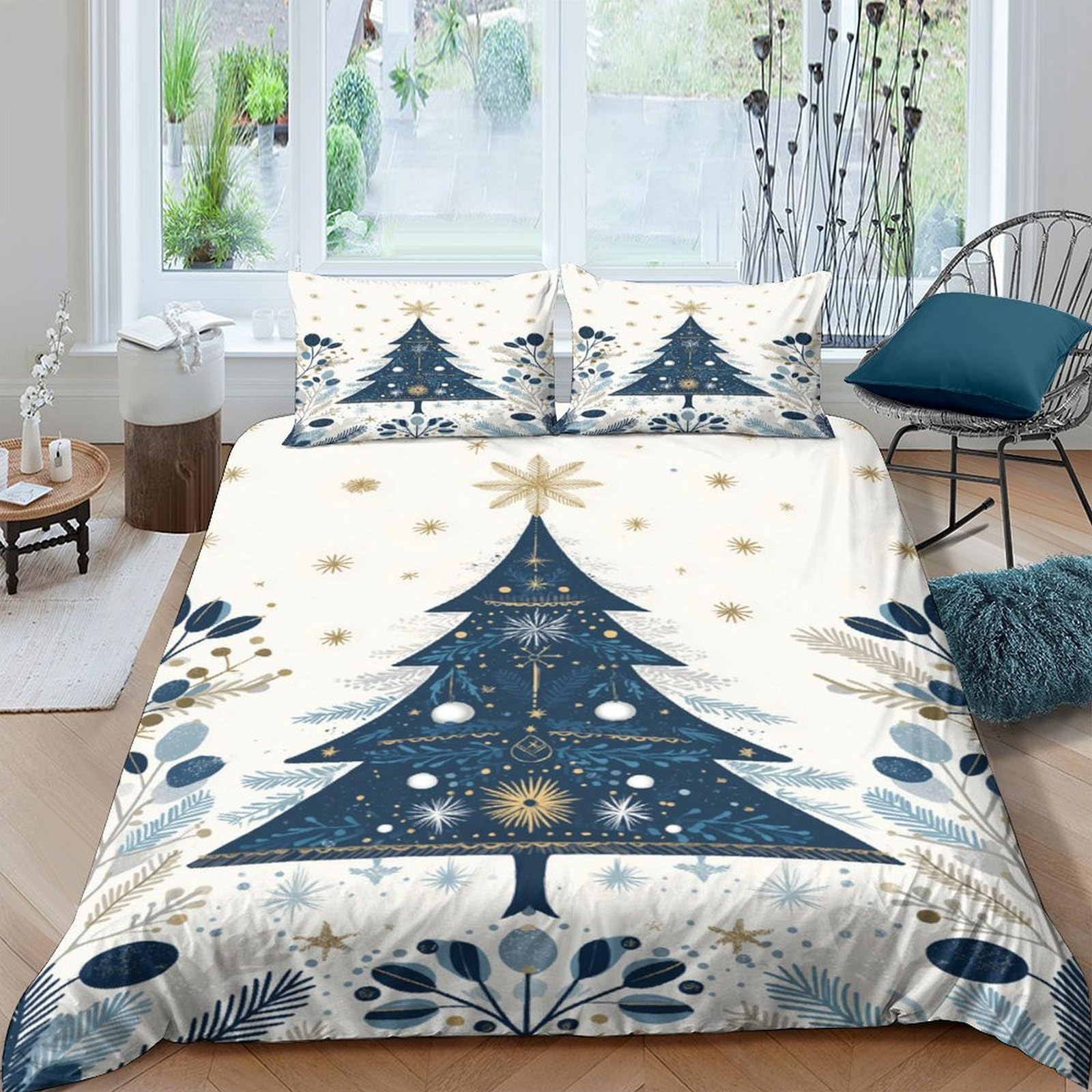 Ctjqhvkz Style-1 3D Printed Christmas Tree Fitted Sheet Microfiber Soft Navy Blue Snowflake Mattress Cover For Bedroom Dorm Decor Single（135X200cm）