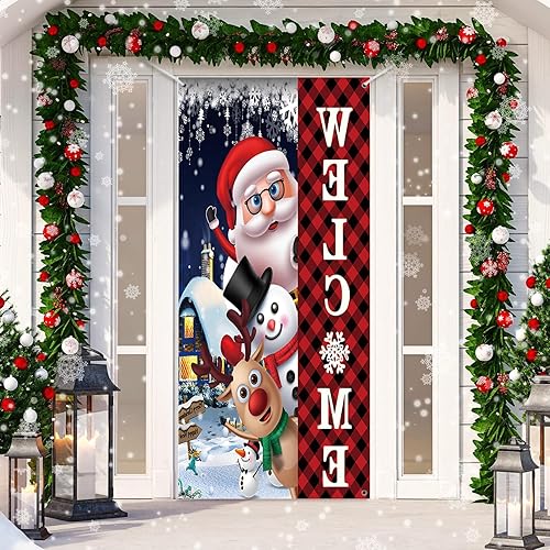 Decoración de cubierta de puerta de Navidad, muñeco de nieve de Navidad, Papá Noel, copo de nieve, cubierta de puerta de Feliz Navidad, telón de
