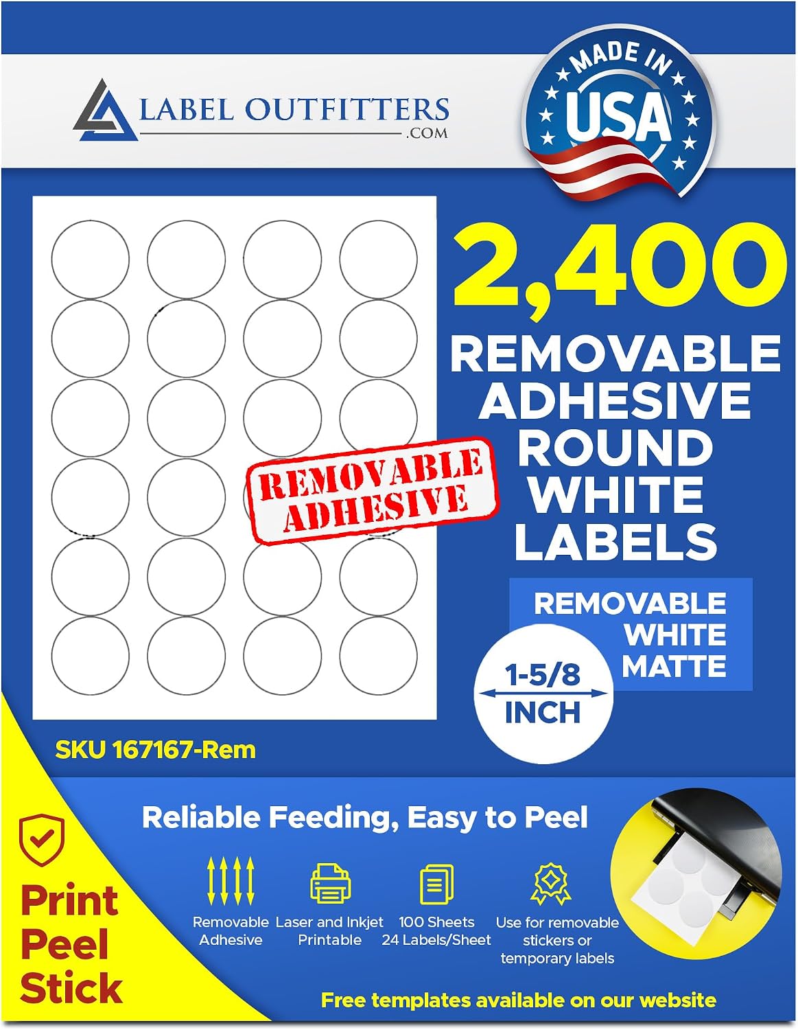 2,400 Round Label Outfitters Blank Printable White Matte Removabele Adhesive Project Labels 1-5/8" Diameter (Circular) Labels 100 Sheets