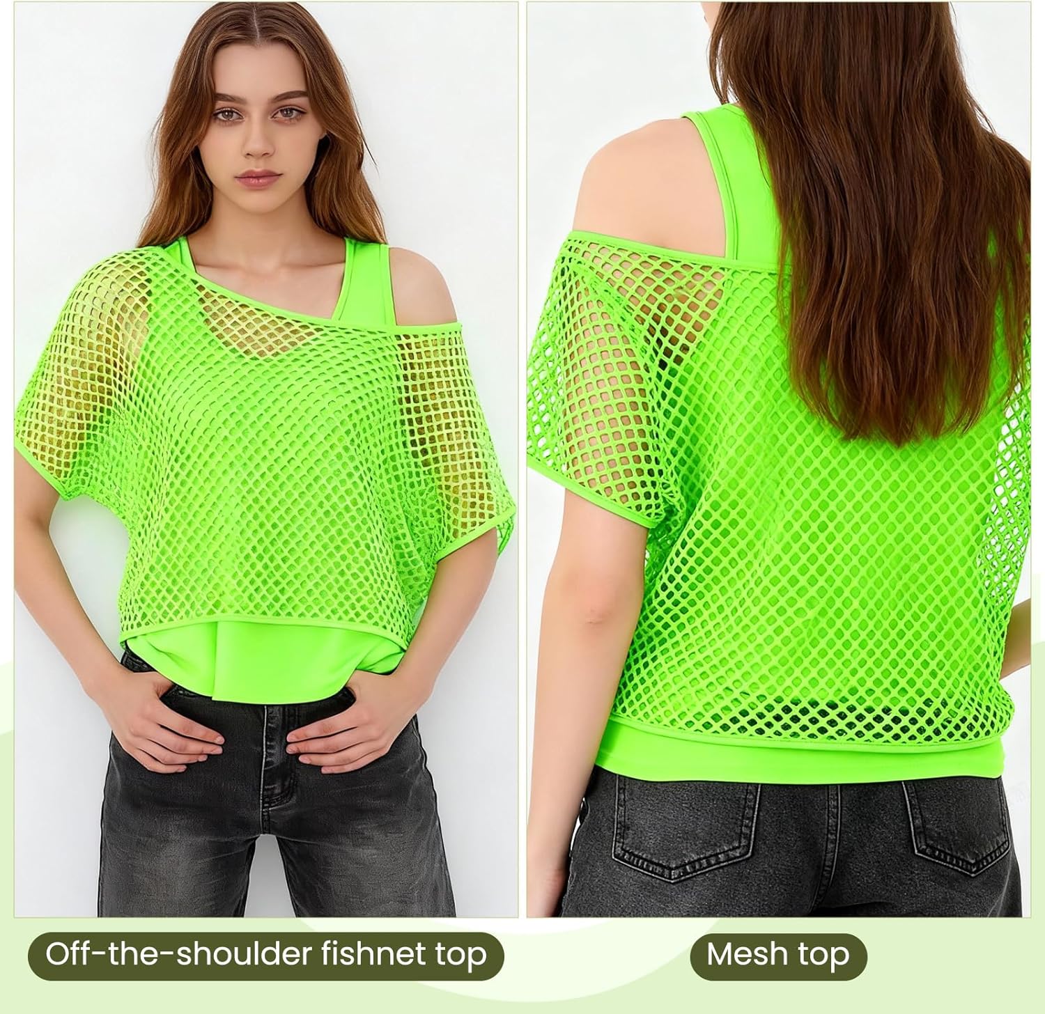 80s Neon Shirts for Women, Fishnet Neon Off Shoulder Top Women Casual 80s Costumes T Shirts, Suitable for Masquerade Disco Party - Image 2