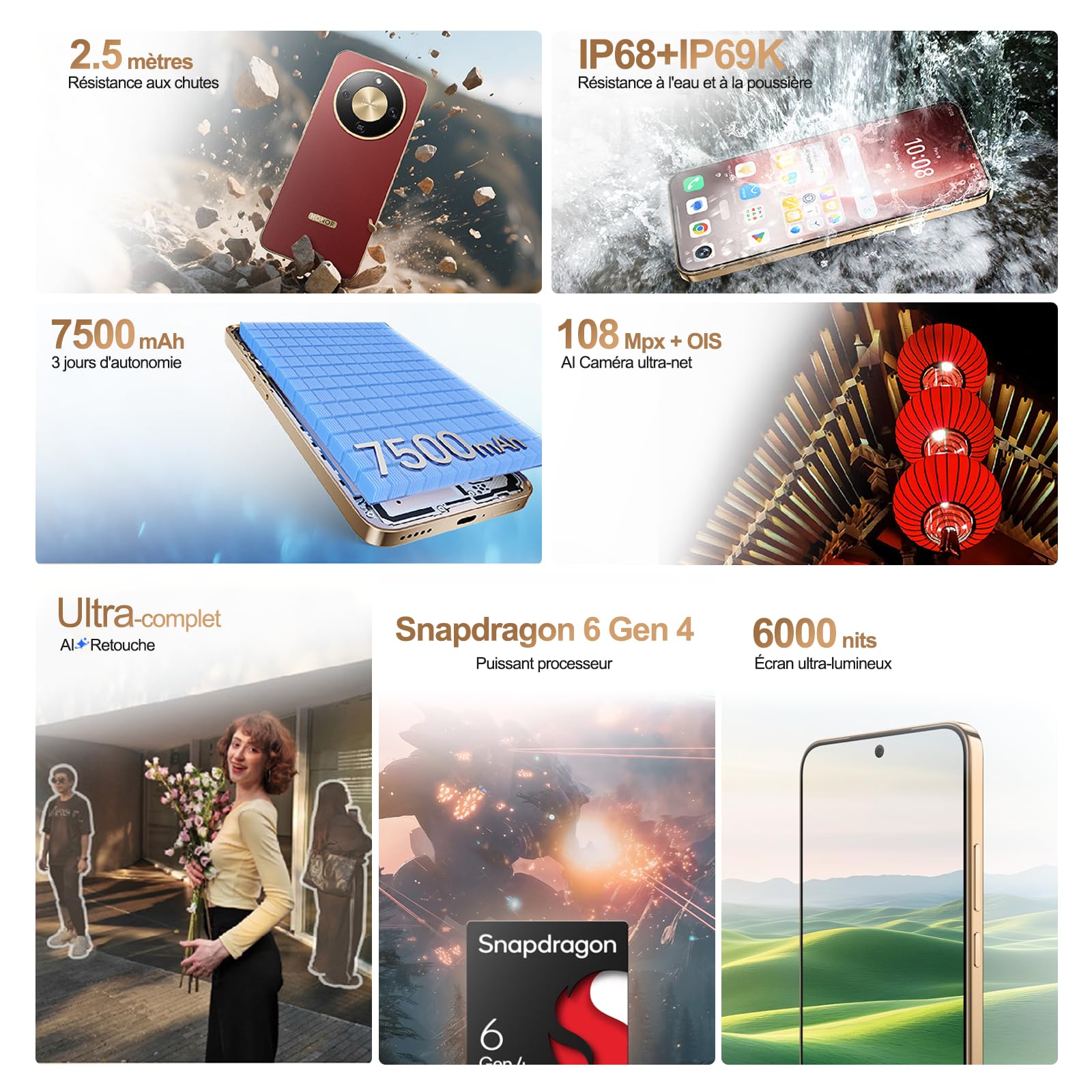HONOR Magic8 Lite Smartphone, écran AMOLED 6,79" 120hz, IP68/IP69K, 8+512 Go, 7500 mAh Telephone Portable, 108MP avec OIS,Débloqué 5G Double SIM (Reddish Brown