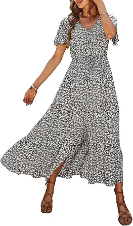 PRETTYGARDEN Women's Floral Summer Dresses 2023 V Neck Short Sleeve Flowy Sun Dress Split Tiered A-Line Bohemian Maxi Dress
