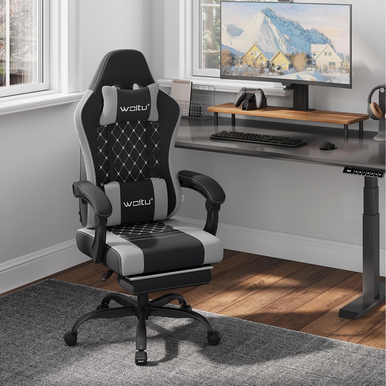 WOLTU Silla Gaming Ergonómica, Silla Oficina con Soporte Lumbar Masaje y Reposapiés Extraible, Silla Giratoria con Gran Asiento de Muelle, Capacidad de 150 kg, Tela de Malla Negro+Gris,GS15szg