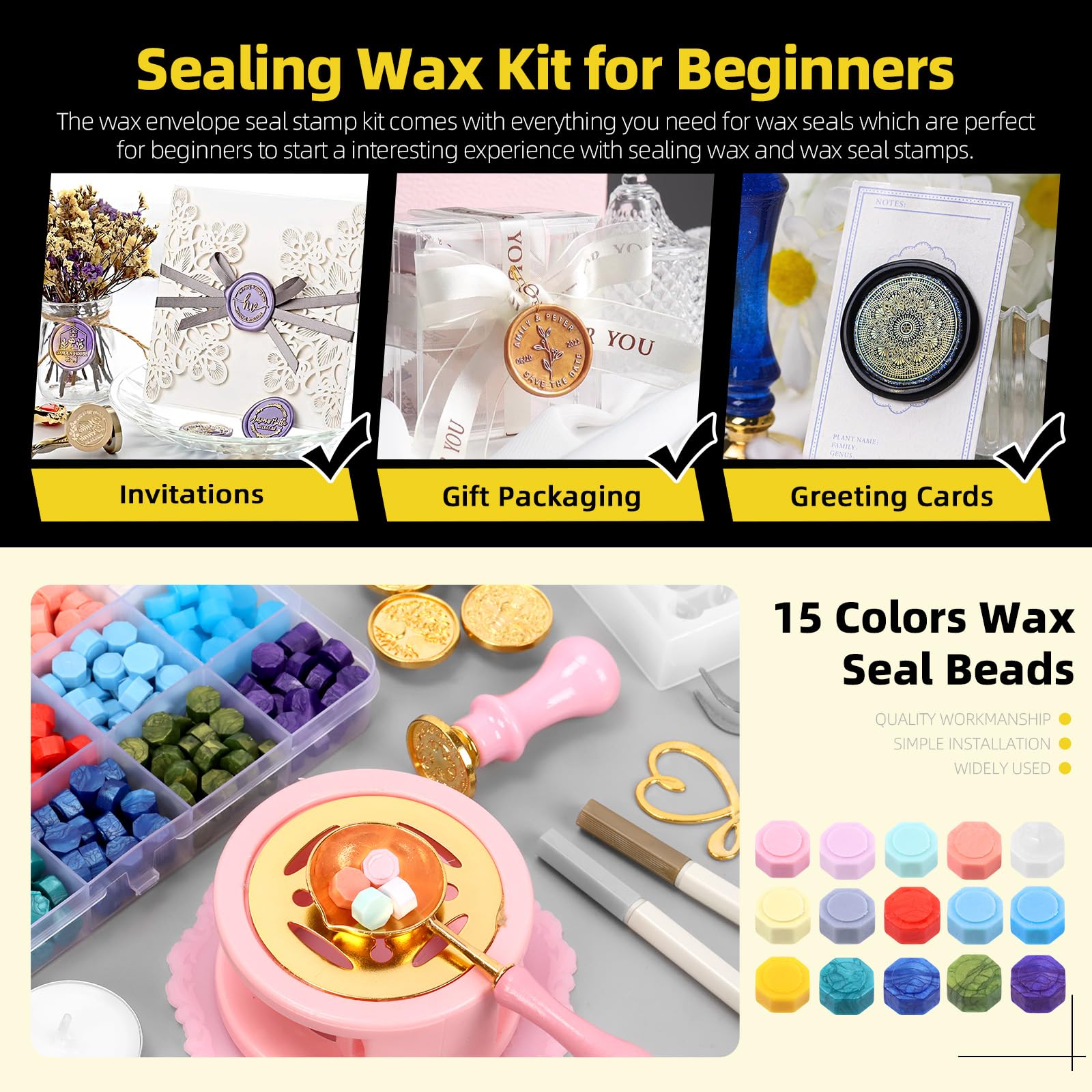 Mardatt 474Pcs Sealing Wax Kit, Assorted Color Wax Seal Beads with Seal Stamp, Warmer for Letter Sealing Invitation Cards - Image 3