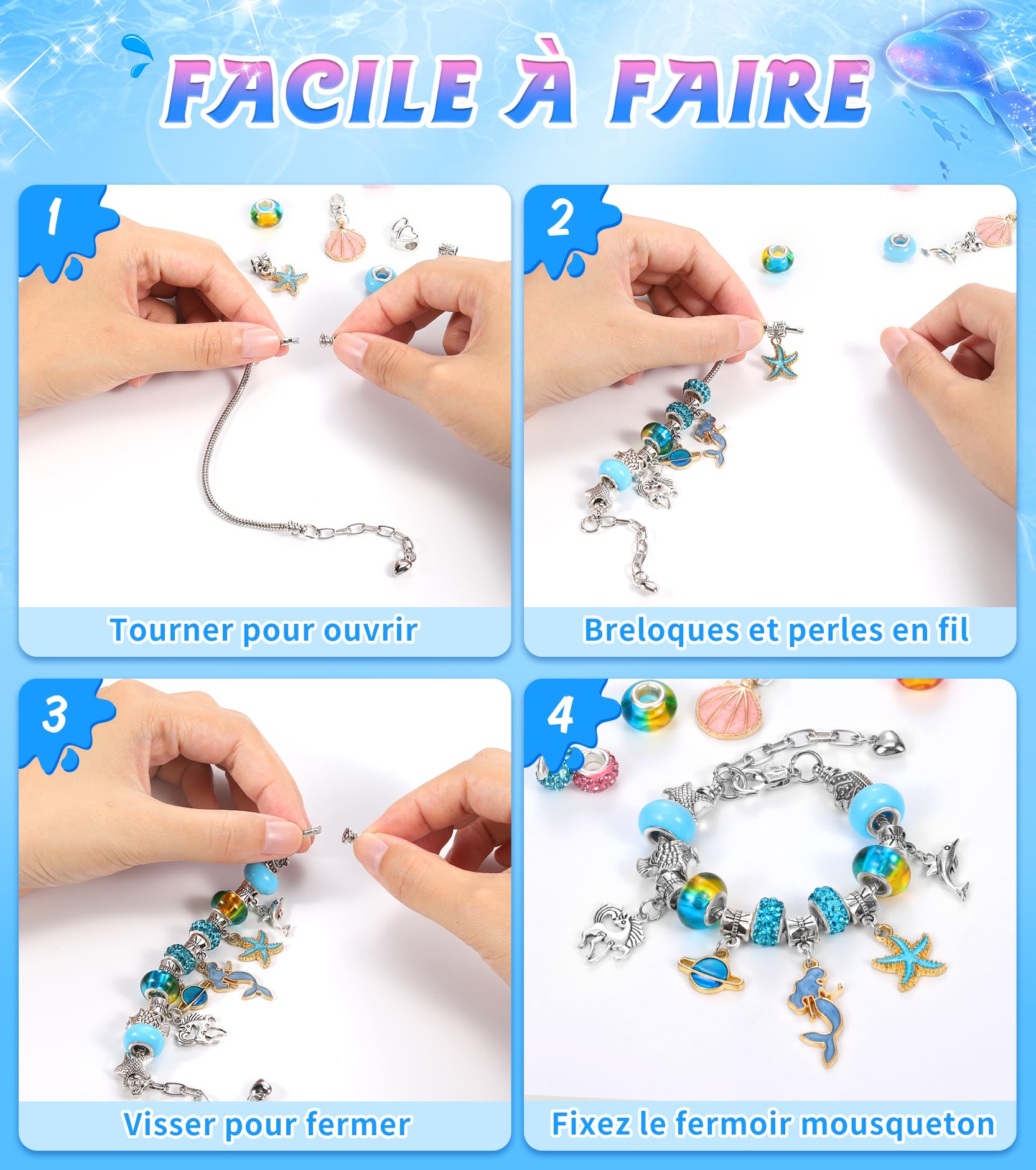 Kit De Création De Bijoux Pour Enfants - Perles, Breloques Et Chaînes Pour Bracelets DIY - Cadeau Filles 4-12 Ans - Boîte Cadeau