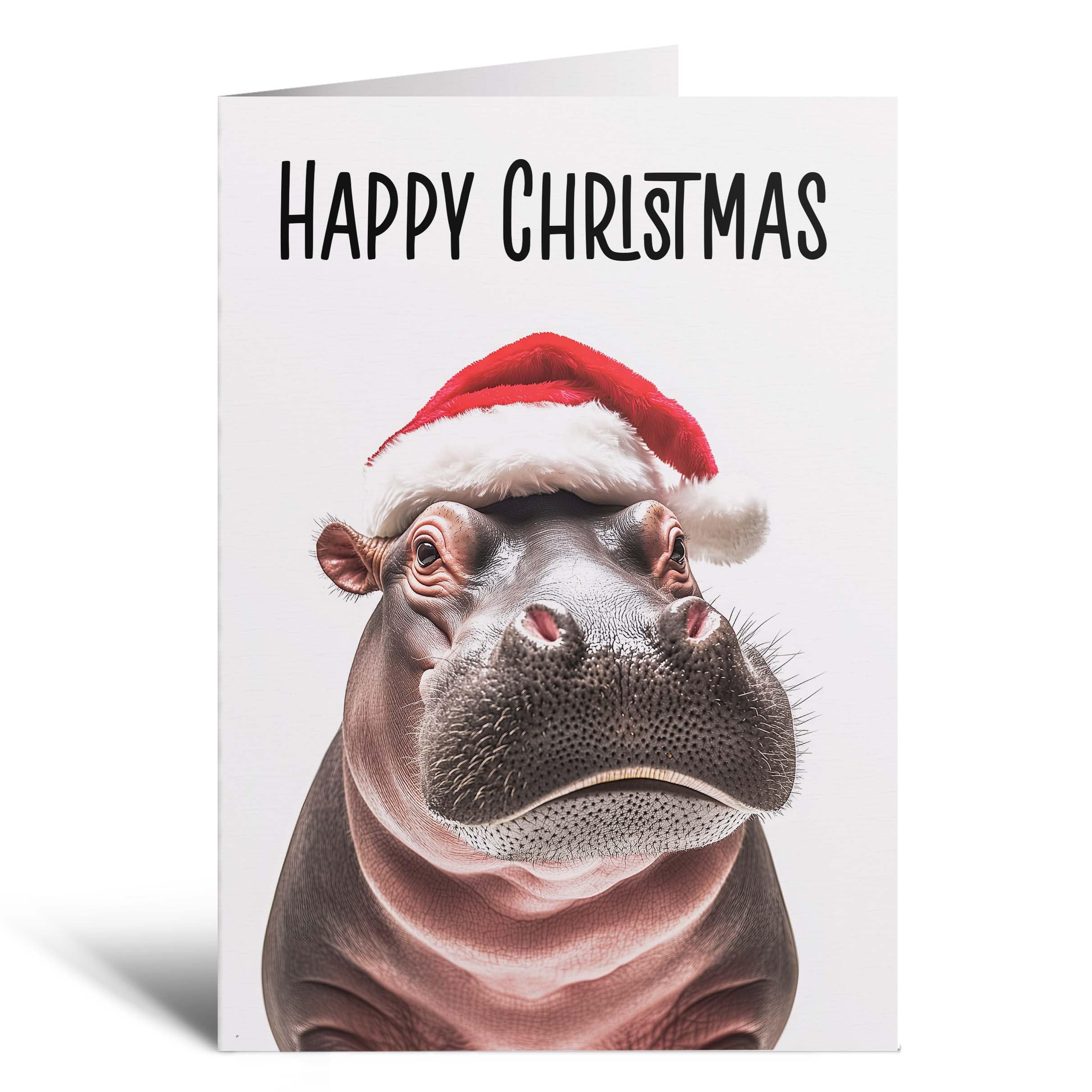 Postcard Prints - Fun Christmas Card of a Hippo Wearing A Santa Hat Whimsical Christmas Card For Animal Lover For Him or Her - 2 Cards — image 1