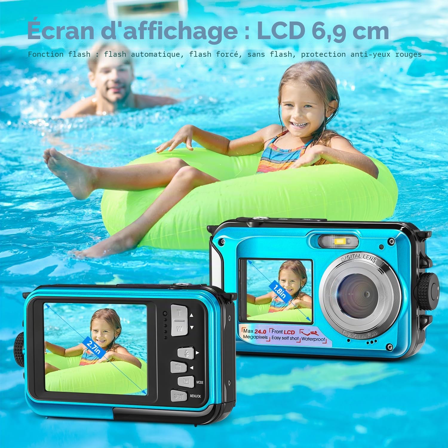 Caméra sous-marine, Full HD 2,7 K 24 MP étanche, appareil photo compact étanche 10 ft, zoom numérique 16x, appareil photo numérique anti-tremblement pour enfants, adolescents, débutants