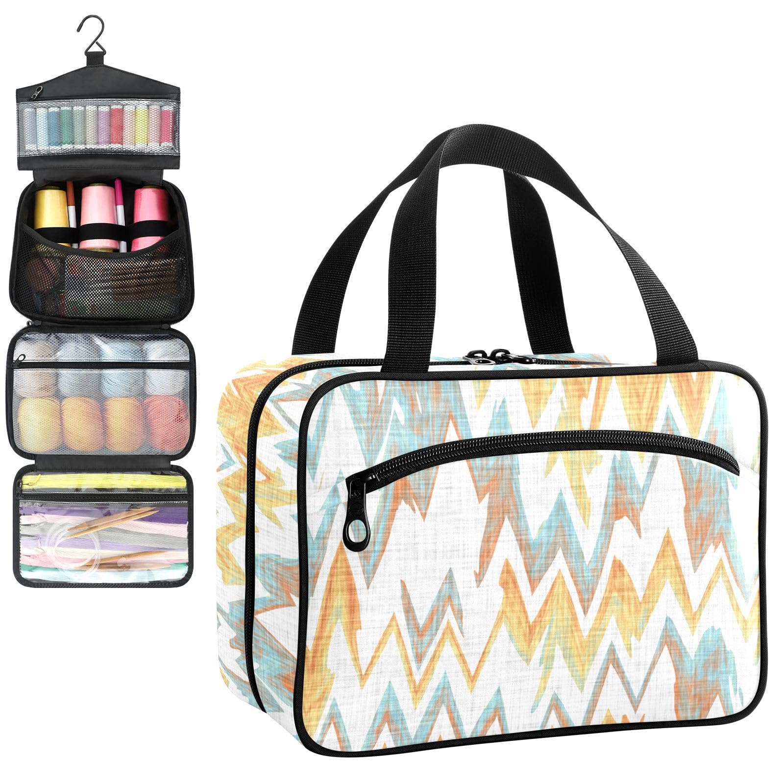 YNNALE Sewing Supply Organizer Bag, Abstract Wave Yellow Blue Portable Sewing Bags with Pockets&Hanger, Sewing Storage Box Case for Sew Supplies/Kit/Tools/Accessories (BAG ONLY)