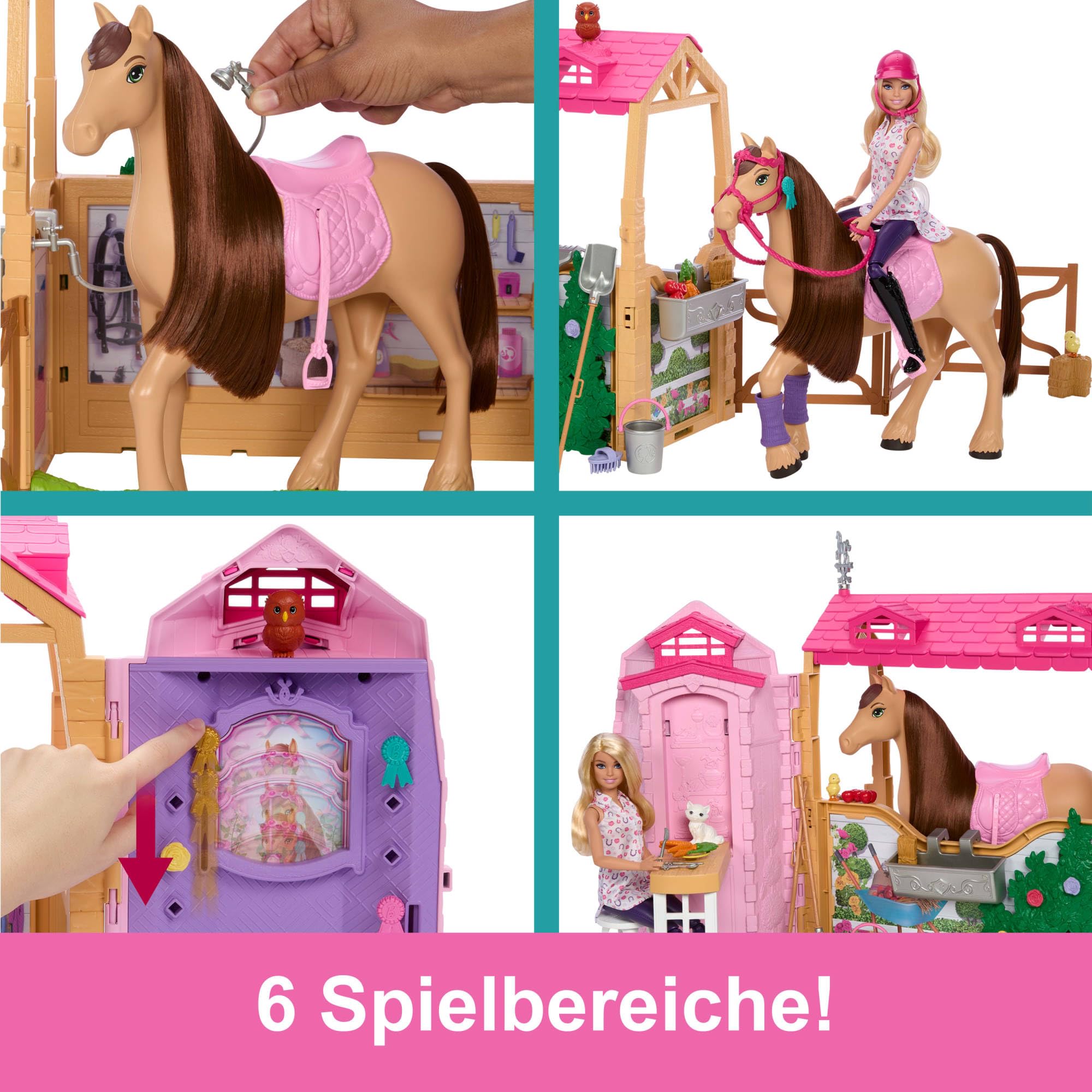 Barbie Spielzeugstall-Spielset mit Puppe, Pferd und Zubehör, mehr als 25 Teile mit 6 Spielbereichen, inspiriert von Barbie Mysteries: Das geheimnisvolle Pferdeabenteuer“, JDN43