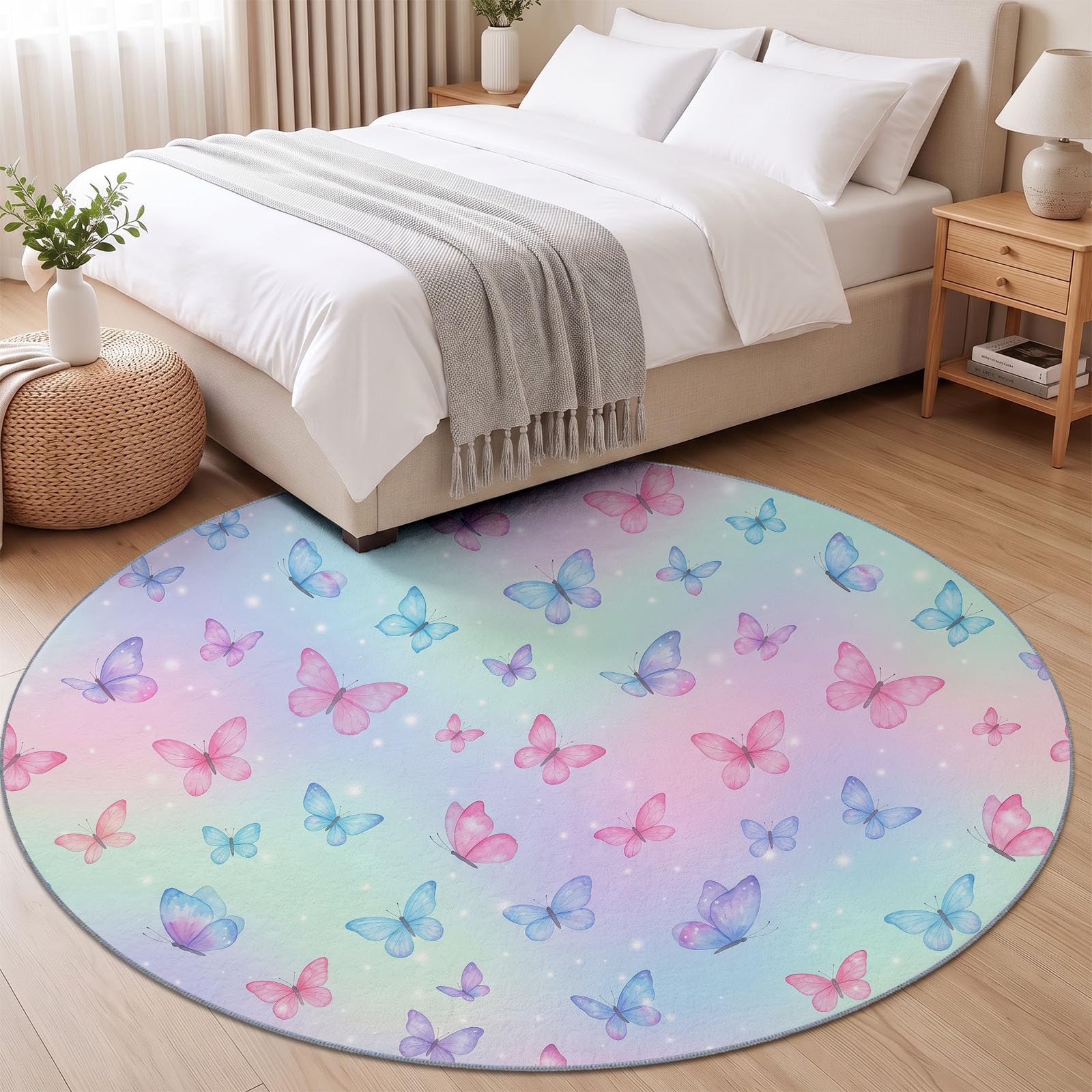 Générique Tapis Rond 120 cm Lavable Machine, Moquette Antidérapante Poil Bas Style Insecte Arc-en-Ciel, Motif Papillon Ombré Arc-en-Ciel Moderne Doux pour Chambre De Fille, Multicolore