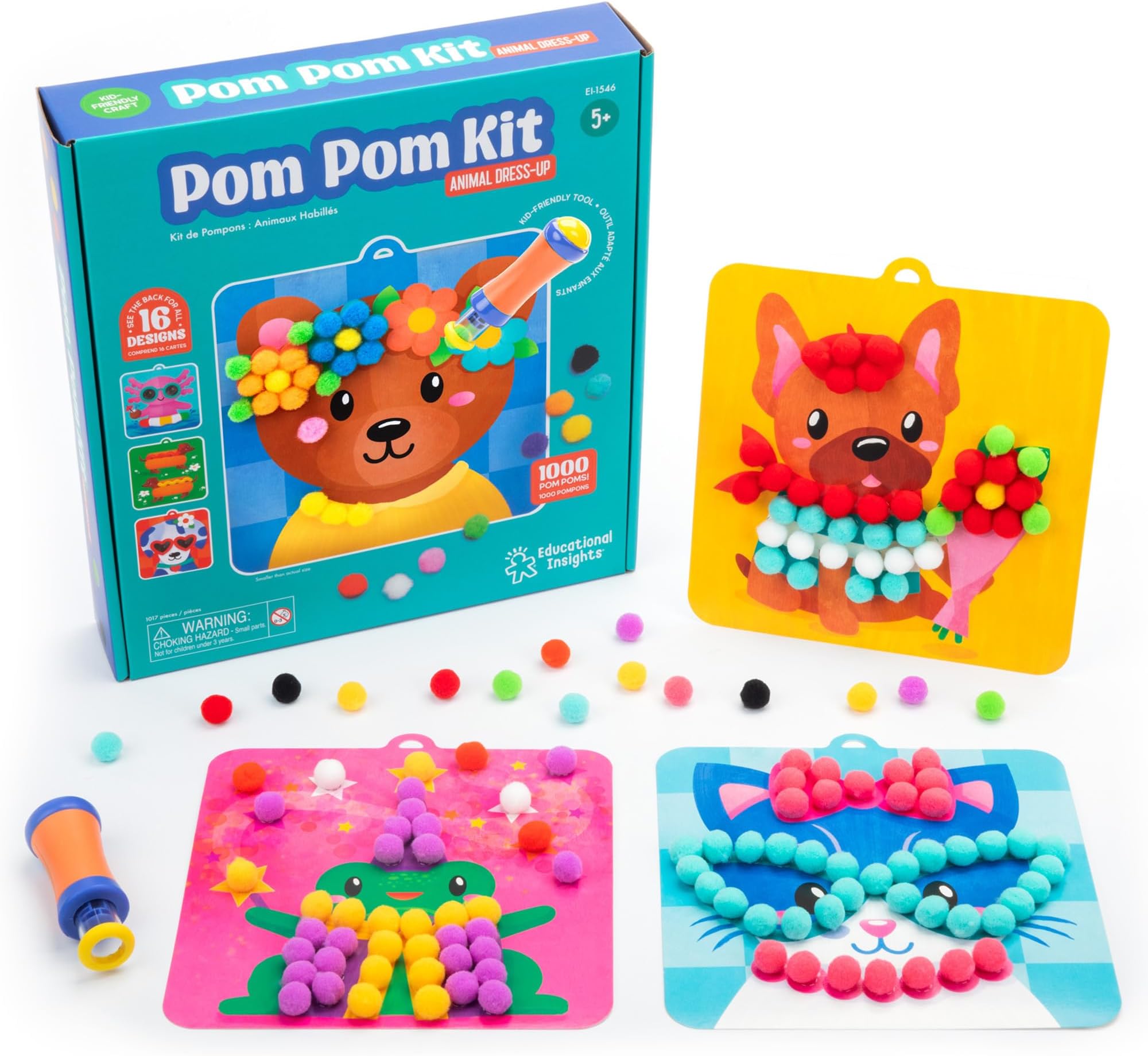 Educational Insights Pom Pom Kit: Animal Dress Up - Arts and Crafts for Kids 4-6, DIY Arts & Crafts Kits, Kids No Mess Activities, Preschool and Kindergarten Crafting Set, Toddler Craft Supplies