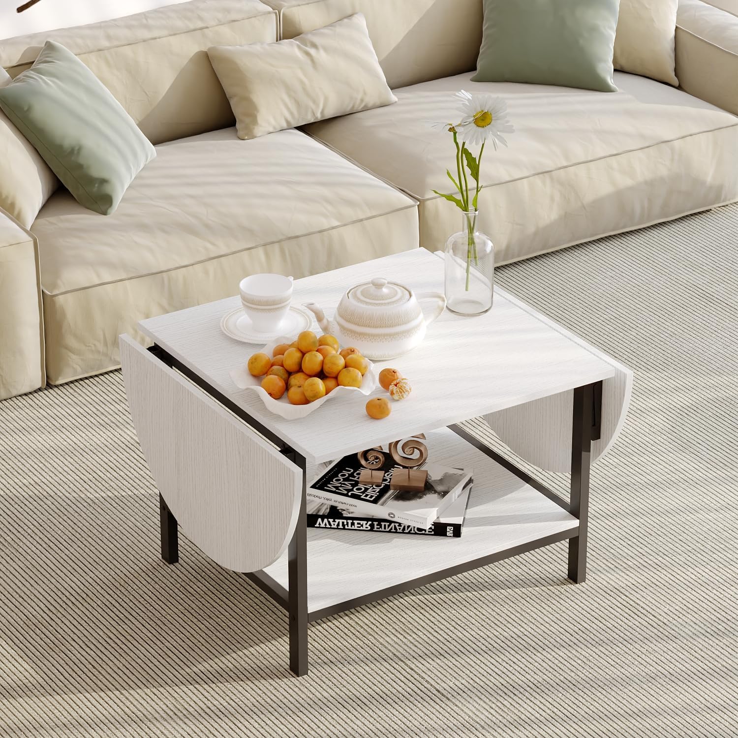 ECACAD 23.6-47.2" W Extendable Coffee Table with Drop Leaves, 2-Tier Wood Coffee Table for Small Space, Modern Oval Center Table with Storage Shelf for Living Room, White & Black