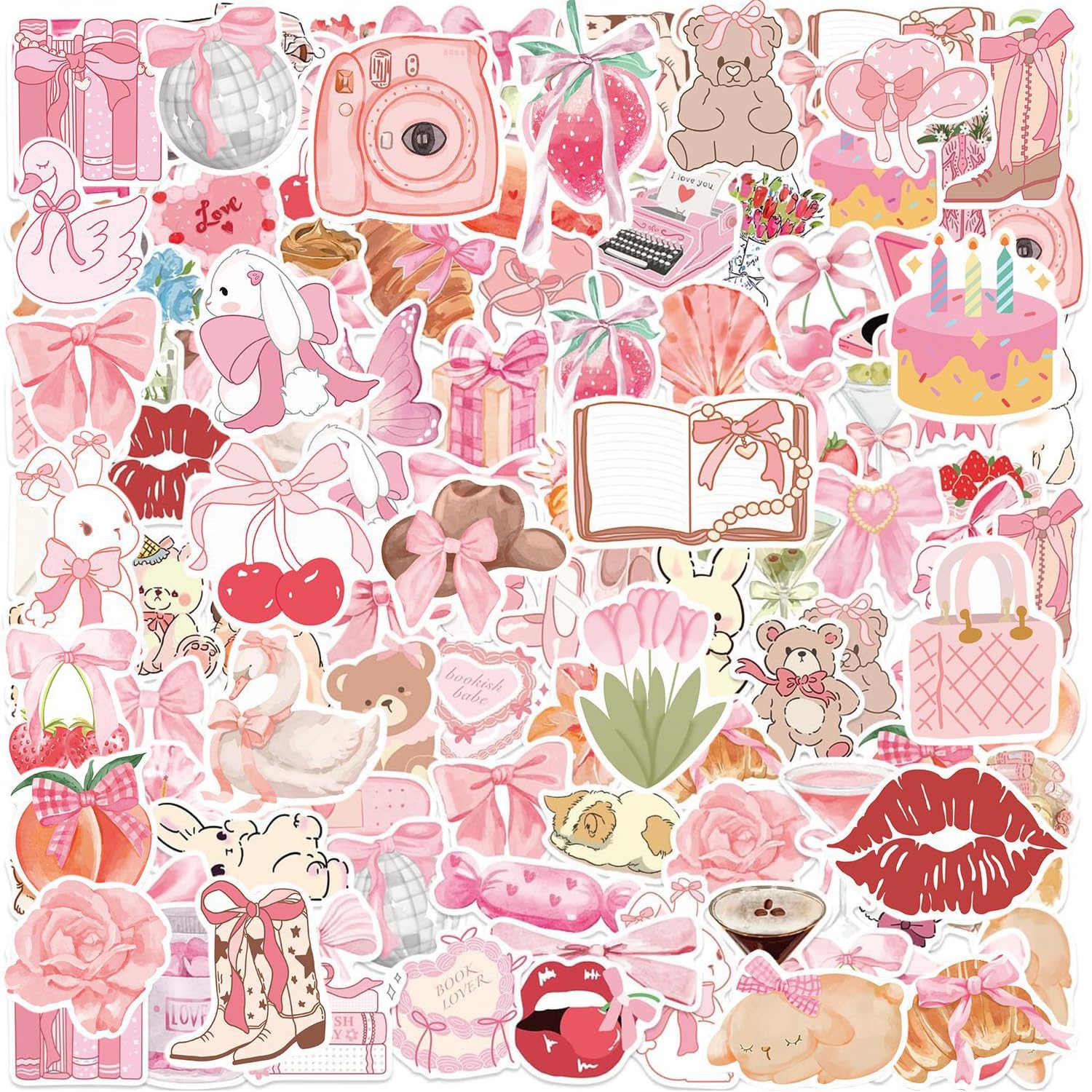 XETHI 100 Pcs Pink Fun Cute Stickers for Scrapbooking | Vinyl Waterproof Coquette Aesthetic Stickers for Girls Laptops Water Bottles Gift Wrapping | Pink Bow Animal Aesthetic Stuff for Teens Girls