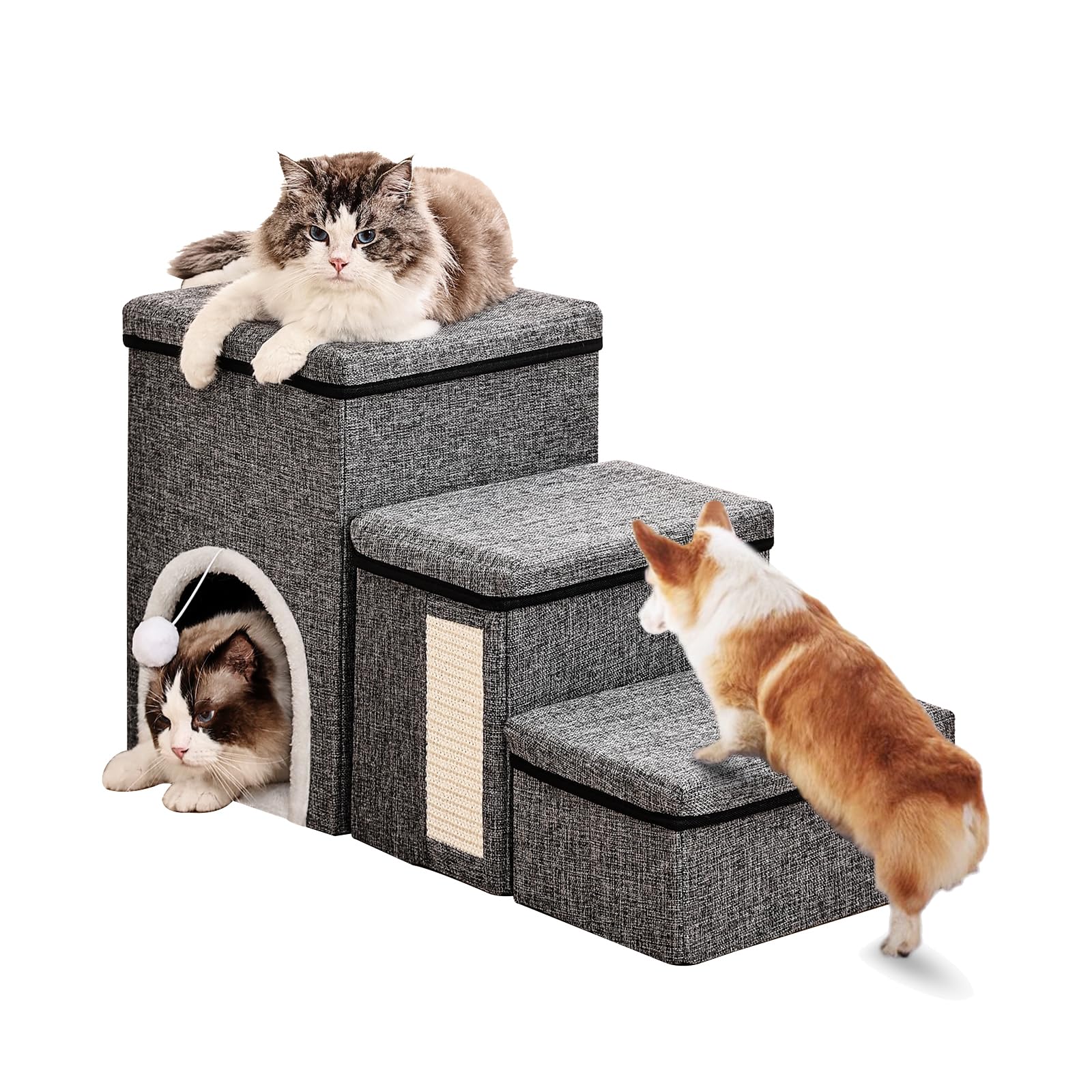 Scala Per Cani Piccoli Pieghevole - Altezza 43 Cm, 3 Gradini, Con Ripostiglio E Cuccia, Portata 50 Kg, Grigio