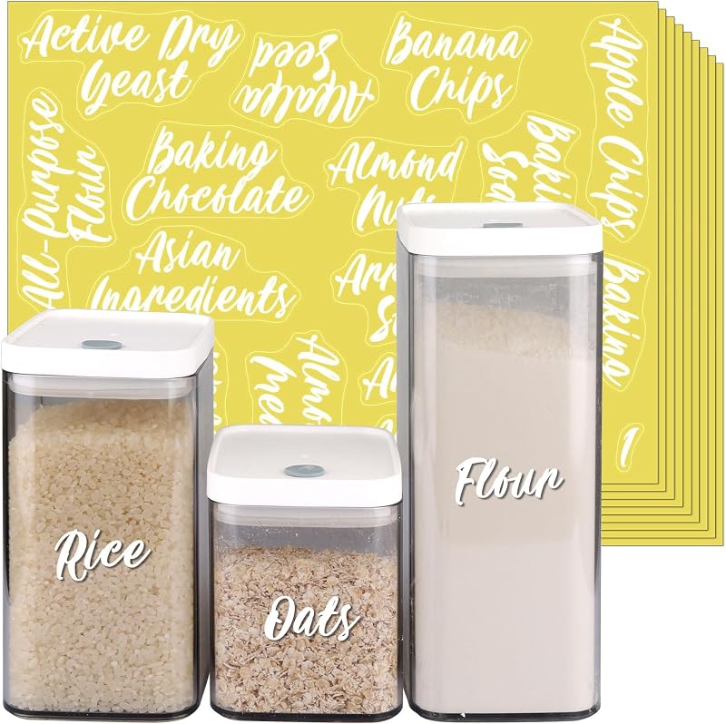 SWOMMOLY 243 Juego de pegatinas de etiquetas de despensa cursivas blancas para contenedores de alimentos | Etiquetas de despensa resistentes al agua, etiquetas de organización de cocina para contenedores de almacenamiento, tarros y botes