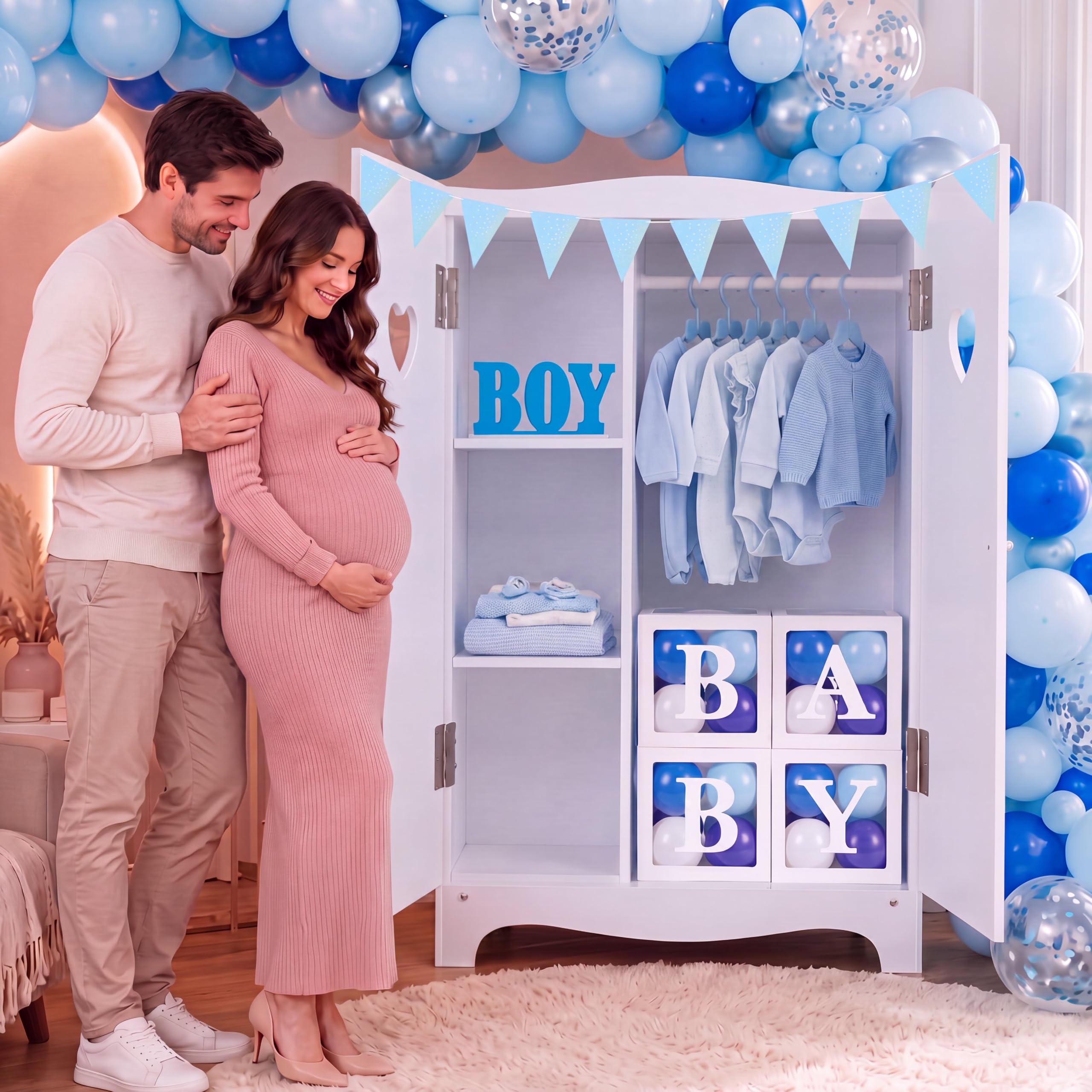 Junkin 64 decorazioni per armadio con scatole per baby shower, palloncini, grucce in plastica, striscioni per ragazzi o ragazze, decorazione da tavolo in legno, per lui o lei, rivelazione di genere