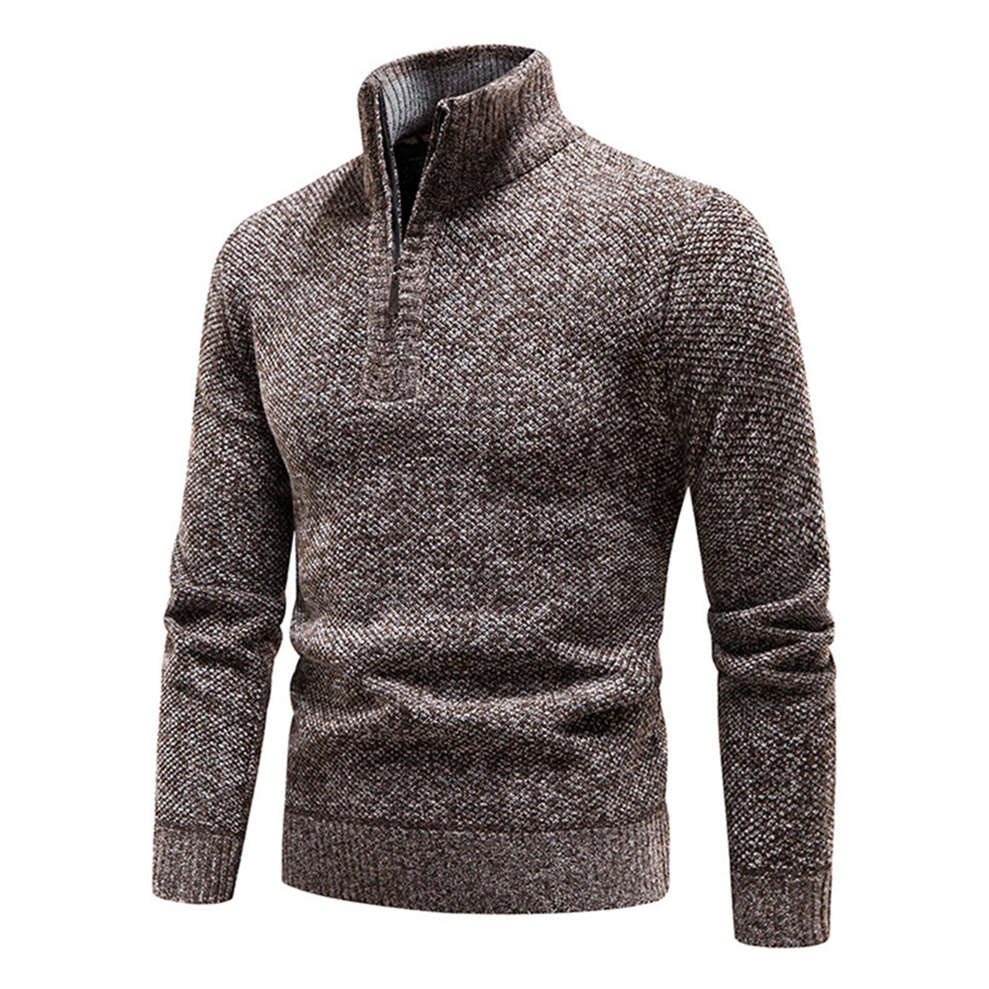 JEKE-DG Men's Long Sleeve Fleece Quarter-Zip Sweater Casual Pullover Ribbed Knit Male Slim Knitted Wool Sweaters (3X-Large,Light Coffee)
