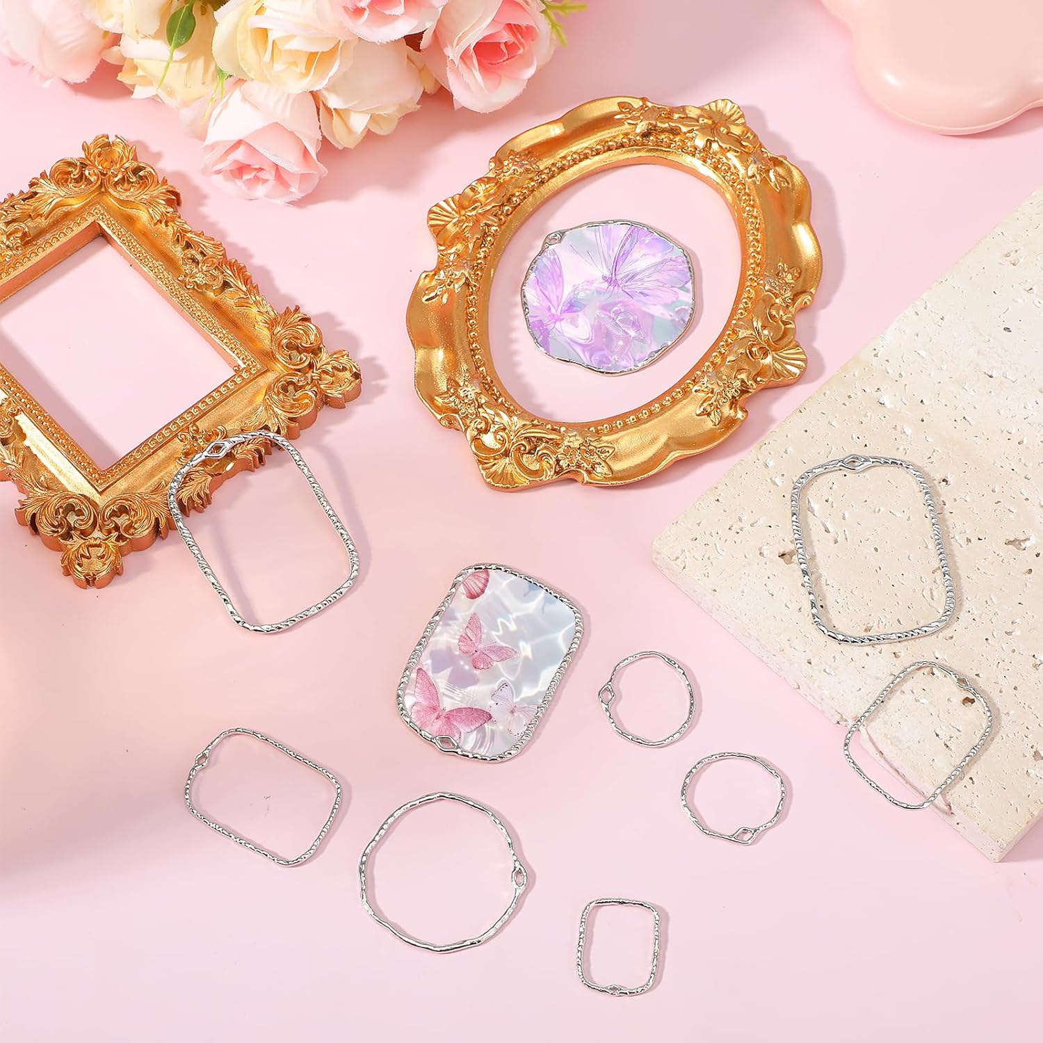 48 Pcs Alloy Open Back Bezel Pendants, 6 Styles Hollow Frame Pendants Ring for Resin Jewelry Making - Image 2