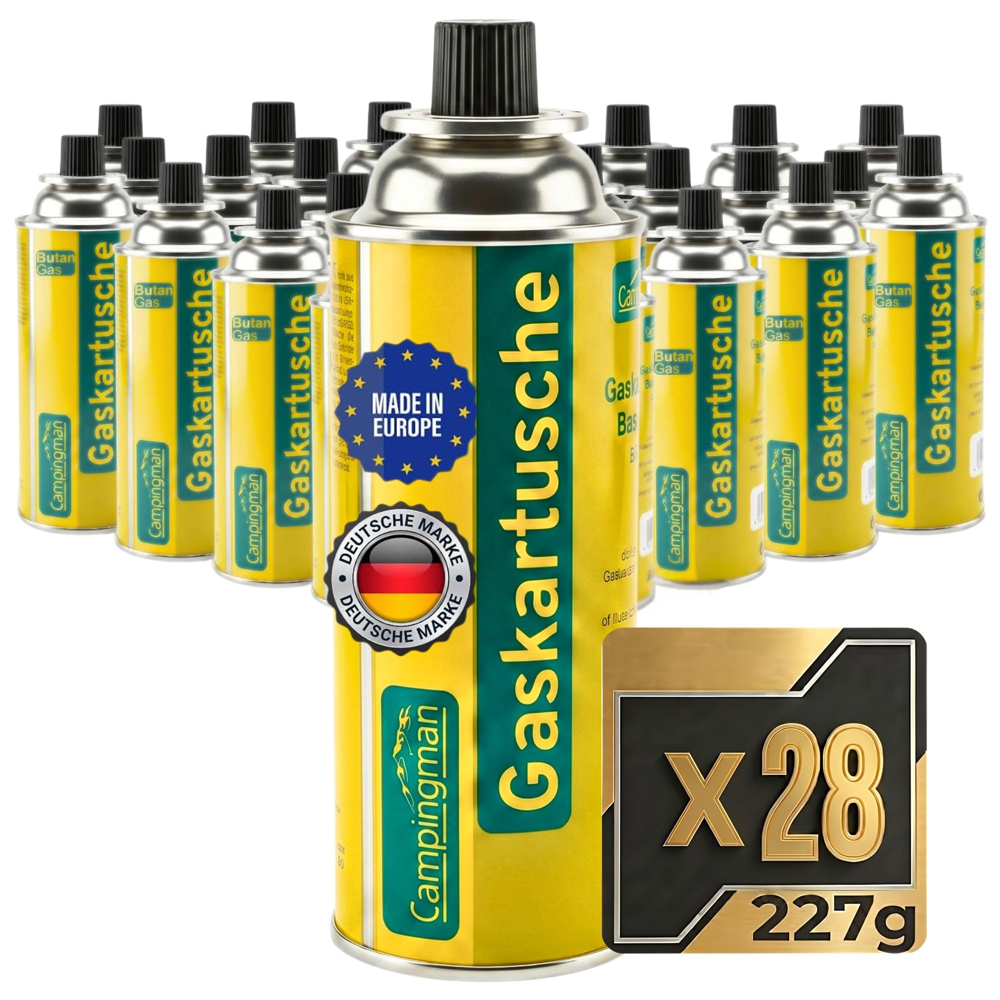 Campingman Gaskartuschen 227g MSF-1A im 28er Pack – Butangas Kartusche mit Ventil für Campingkocher, Grill, Unkrautbrenner & Gasgeräte, Campinggas, Gasflaschen