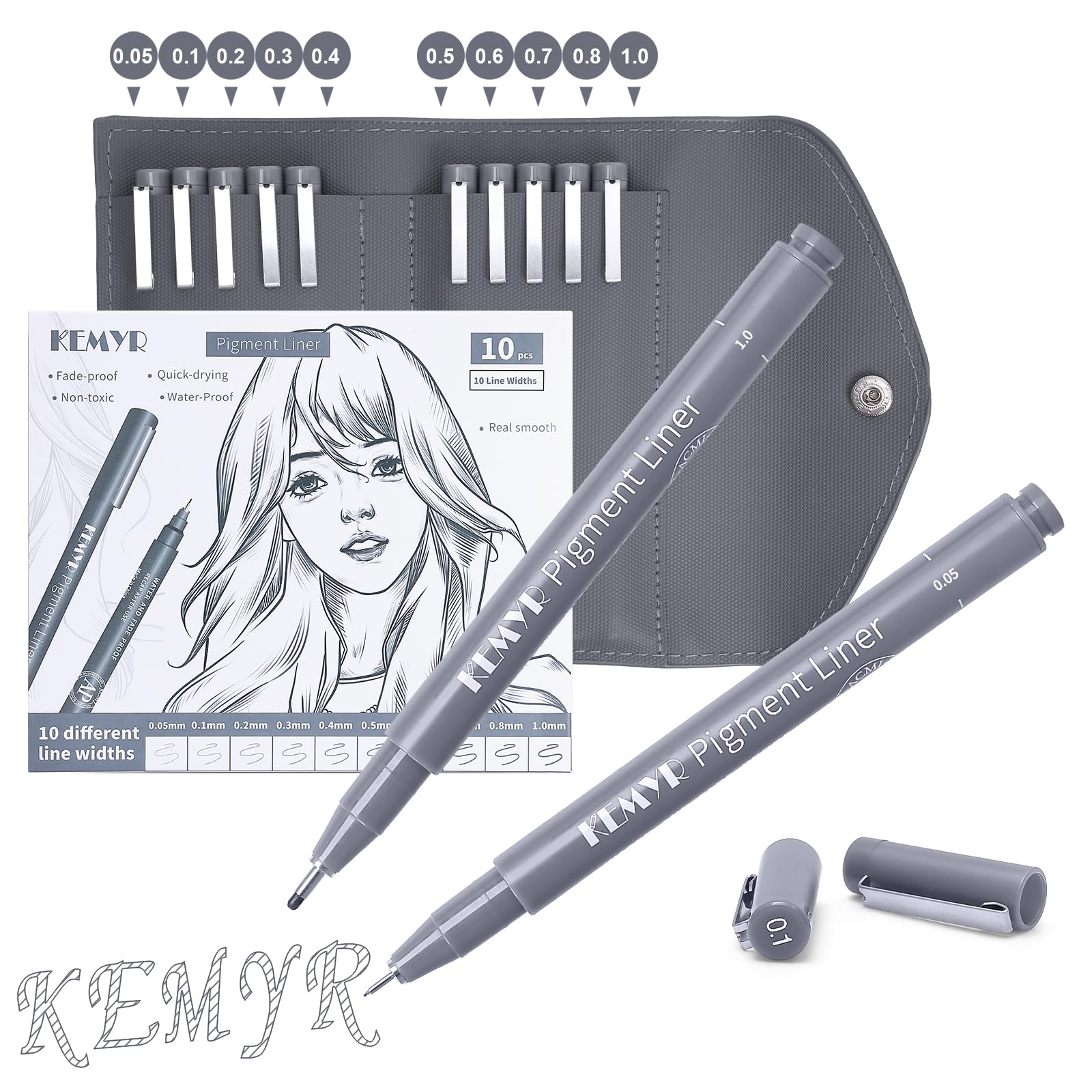 KEMYR 10 Micro Fine liner Drawing Art Pens Calligraphy Pens: 0.05mm-1.0mm Size Grey Art supplies Waterproof Archival Grey Ink Markers For Artists,Use for Professional Watercolor,Sketching โ image 1