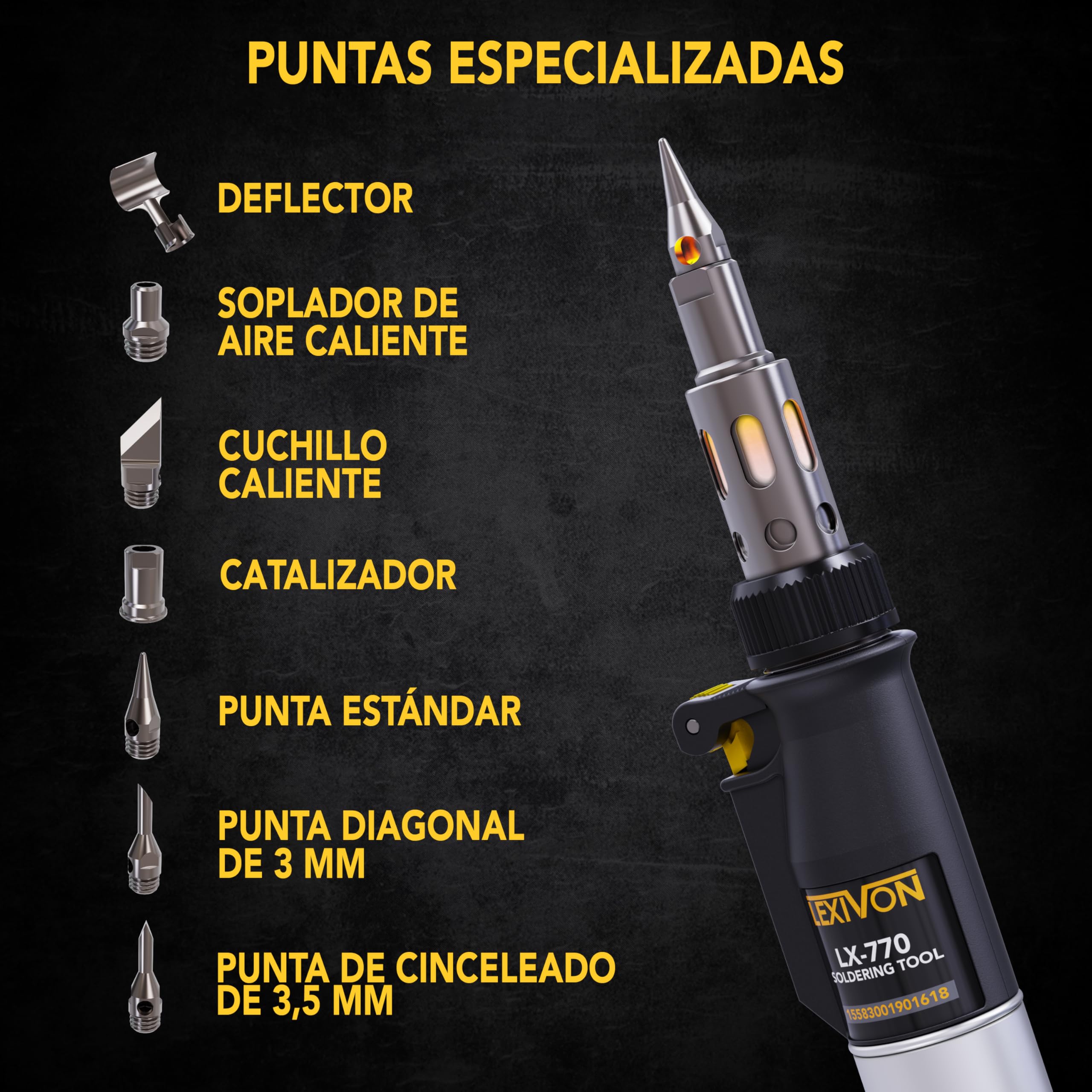 LEXIVON Kit multipropósito soldador de butano | Juego de 7 puntas de llama ajustable con autoencendido inalámbrico | Pro Grade Equivalente (LX-770)