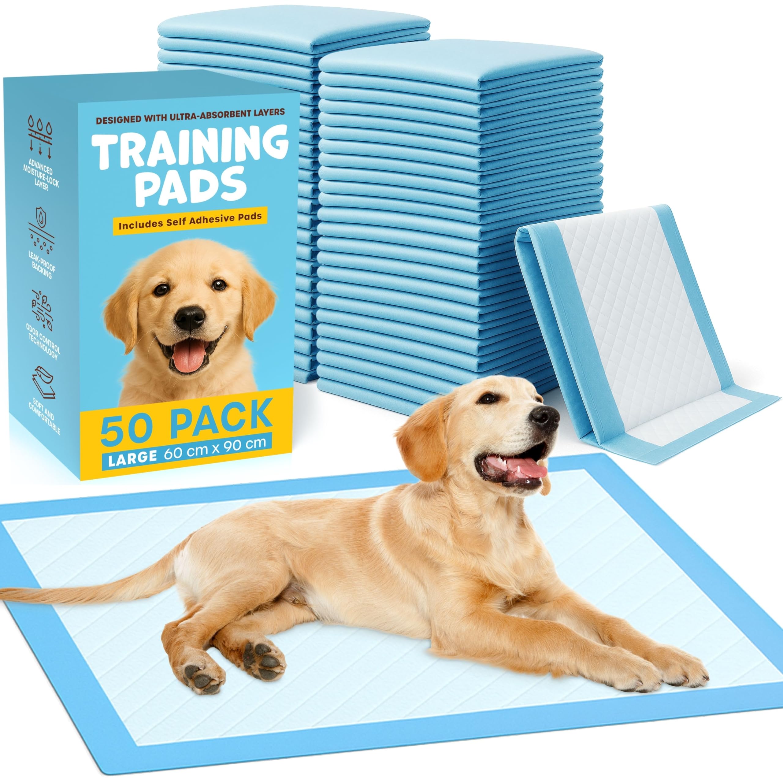 Puppy Pads 60 x 90 cm - Pack of 50 Leakproof and Highly Absorbent Puppy Training Pads - Easy Disposal Potty Training for Pet