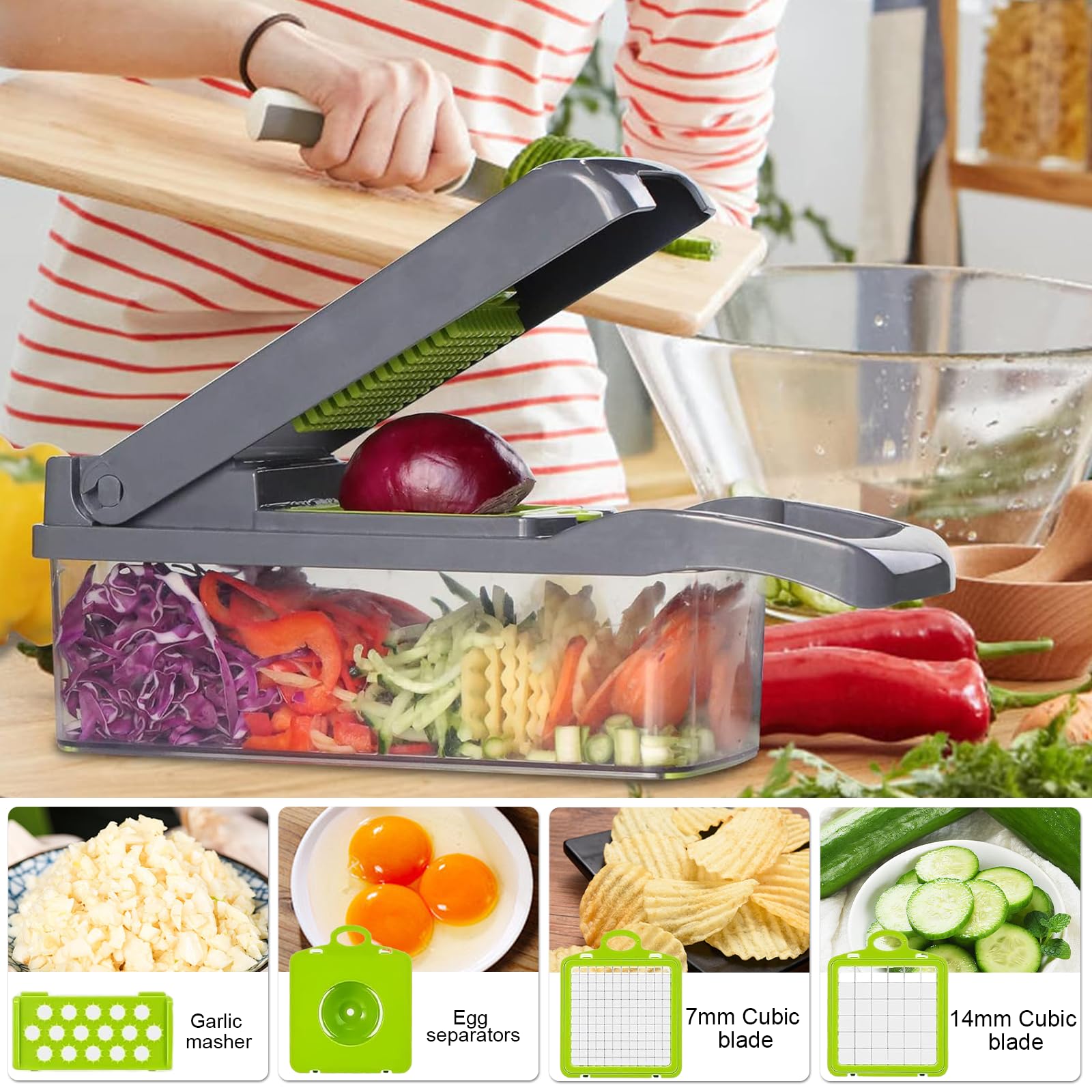 Tagliaverdure Multifunzione 16 In 1 - Con 7 Lame Per Aglio, Verdure E Frutta, Include Accessori - Foto 8