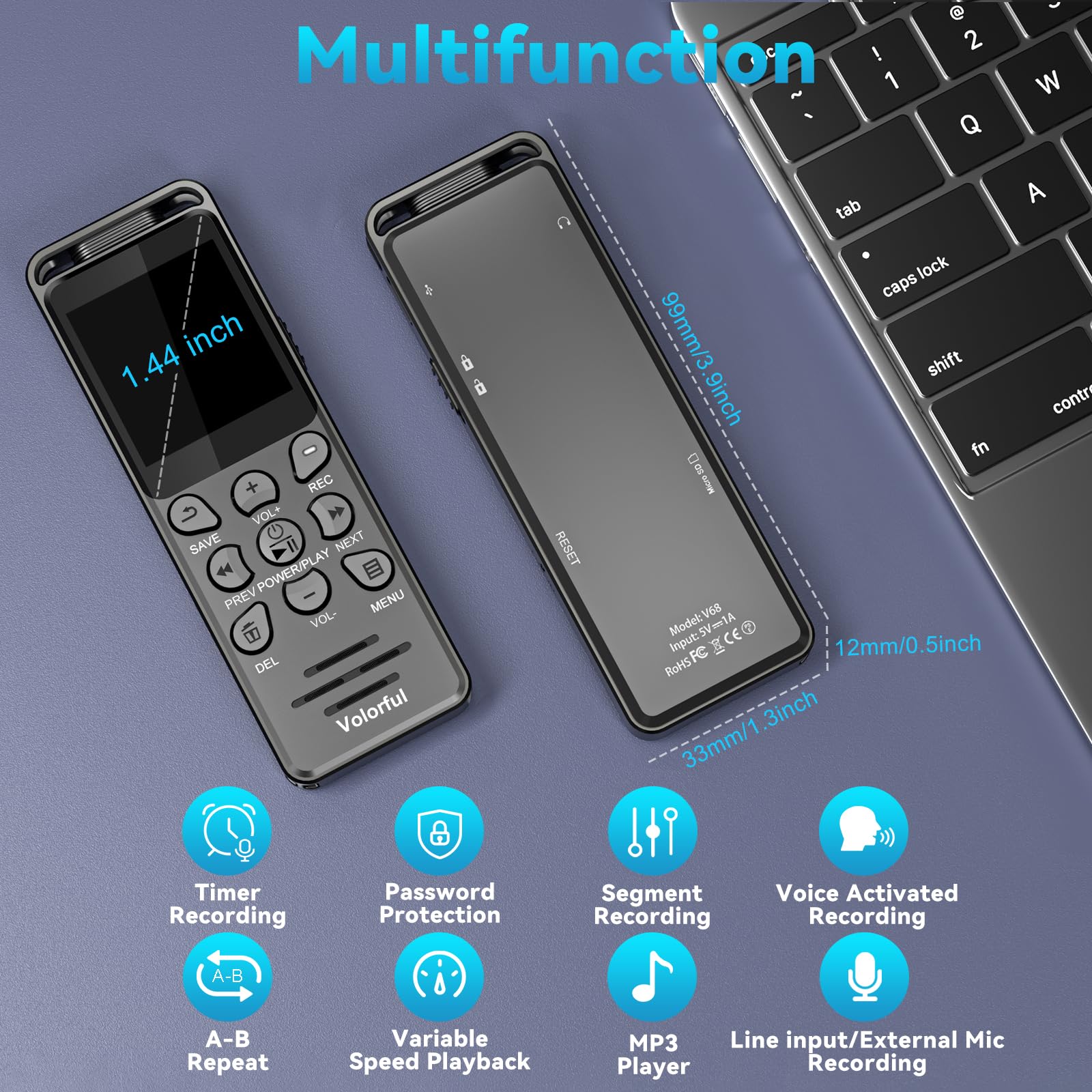 80GB Diktiergerät Digital 70 Std Aufnahmegerät, Volorful 1,44" Farbbildschirm Voice Audio Recorder, MP3 Player, USB-C Diktiergeräte mit Spracherkennung/Wiedergabe für Meeting Interview Vortrag