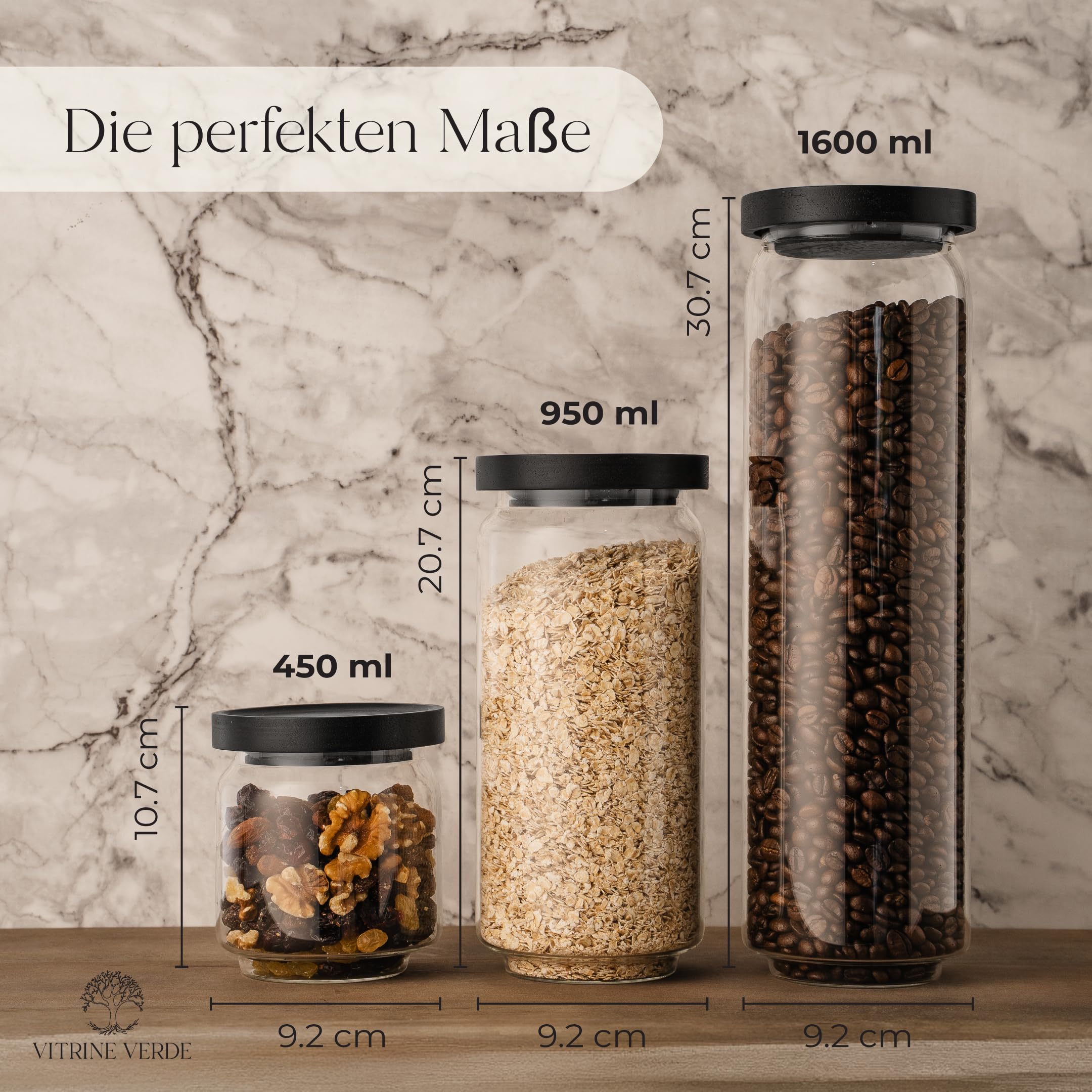 Vorratsgläser 6er Set mit Schwarzem Holzdeckel – Vorratsdosen Glas Luftdicht mit Deckel Stapelbar – inkl. 46 Etiketten & Marker – Borosilikatglas LFGB geprüft