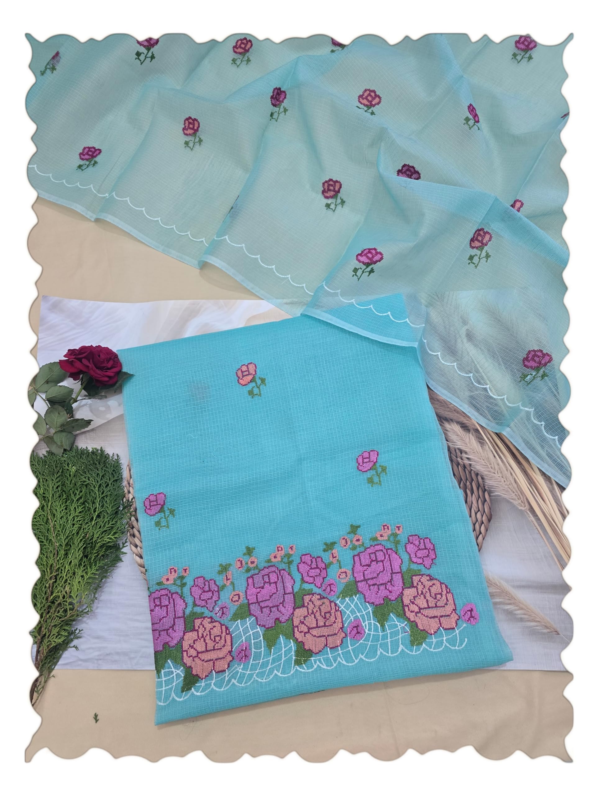 Women's Kota Doria Cotton Embroidery Suit Set Floral Yellow Unstitched Dress Material with Dupatta Lightweight Summer Wear-picture-25