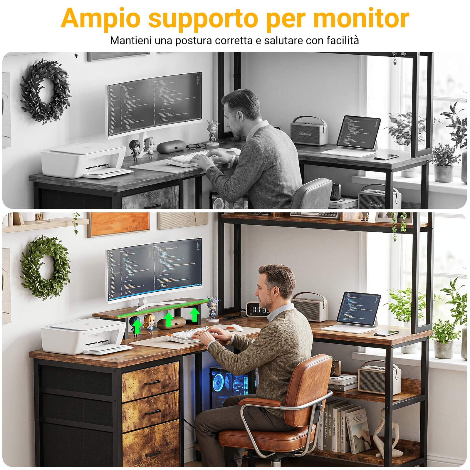Homieasy Scrivania Gaming 150cm a L LED, Prese, Cassetti, Marrone Rustico | USB &Type-C, Libreria, Supporto Monitor, Reversibile, Salvaspazio, Struttura in Metallo e MDF