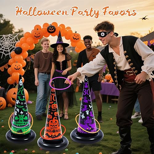 Miniatura 2 de Juego de 10 piezas de sombrero de bruja inflable de Halloween, juegos de lanzamiento de anillos con 6 anillos y bomba de bomba, decoración de juegos