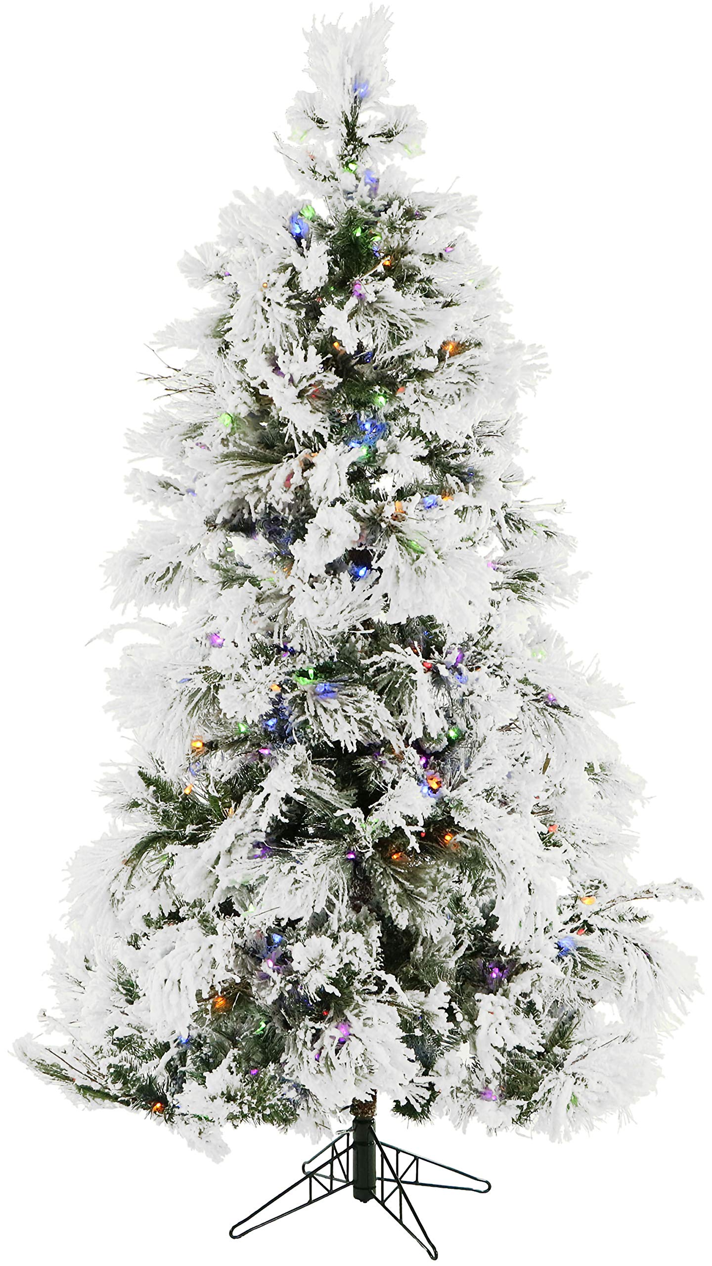 Fraser Hill Farm 10 Ft. Flocked Snowy Pine Christmas Tree with Multi-Color LED String Lighting, Snow