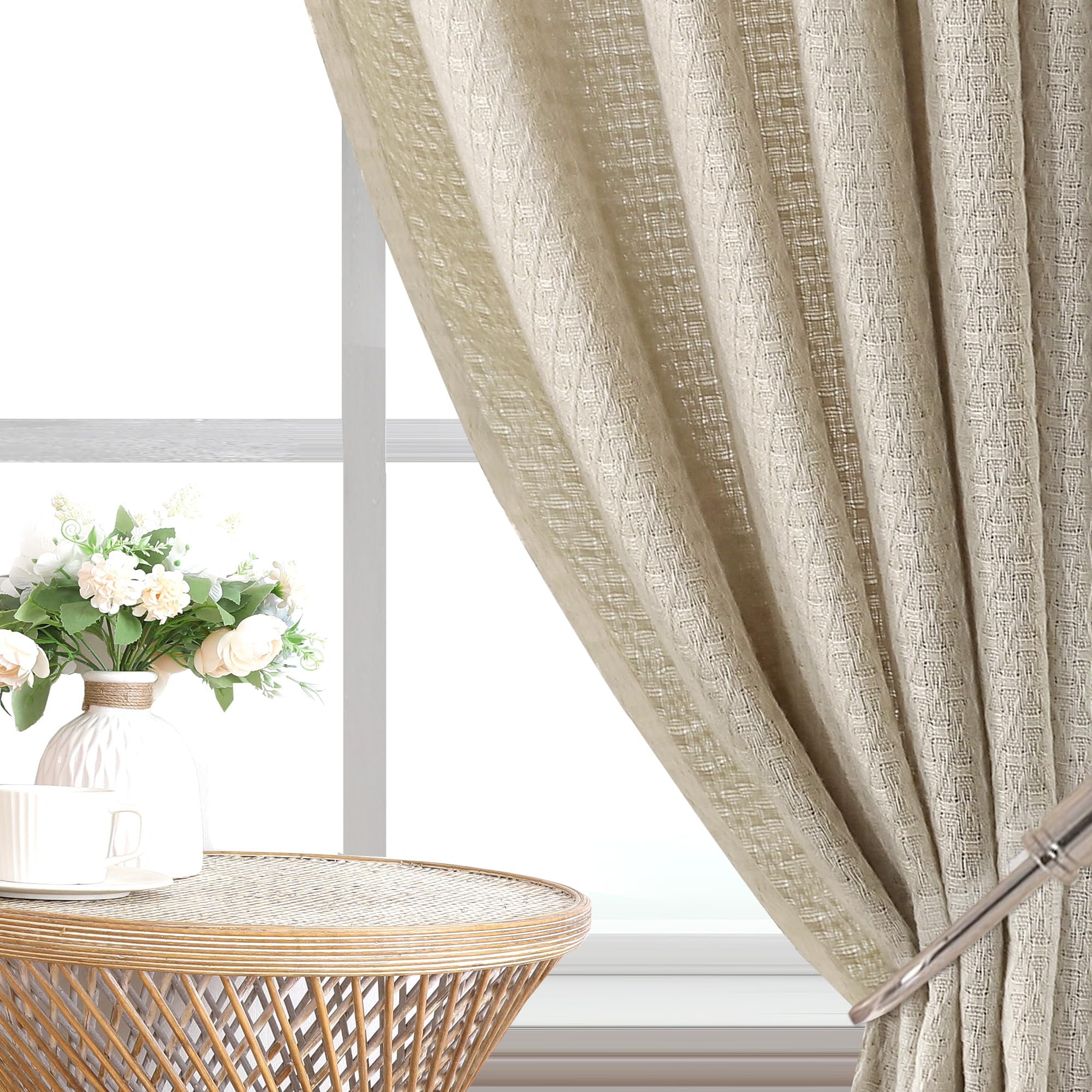 H.VERSAILTEX Boho Curtains 2 Panels Faux Linen Curtains Linen Jacquard Curtains Light Filtering Back Tab Curtains - 84 Inches Long Luxury Linen Curtains for Bedroom & Living Room, 52W X 84L, Natural