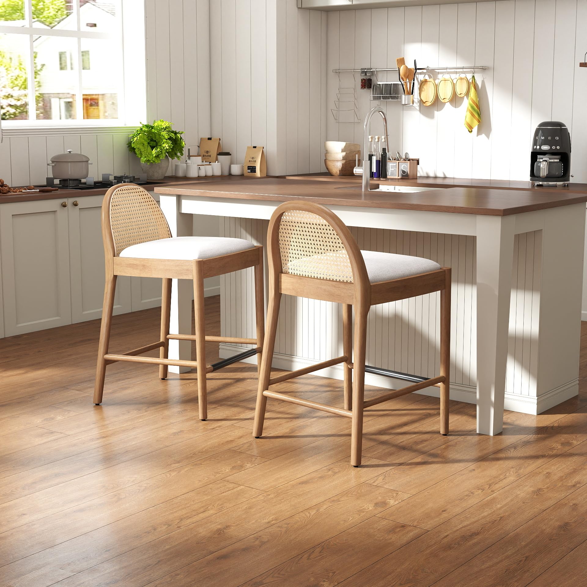 DAYALANE Rattan Bar Stools Set of 2, Counter Height Bar Stools with Cane Backs, 26'' Height Modern Bar Chairs for Kitchen Counter/Home Bar/Cafe, Beige