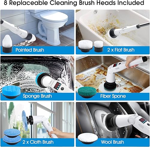 Miniatura 7 de Limpiador eléctrico giratorio, limpiador de ducha con mango largo y 3 velocidades, limpiador eléctrico inalámbrico recargable de 5200 mAh, cepillo