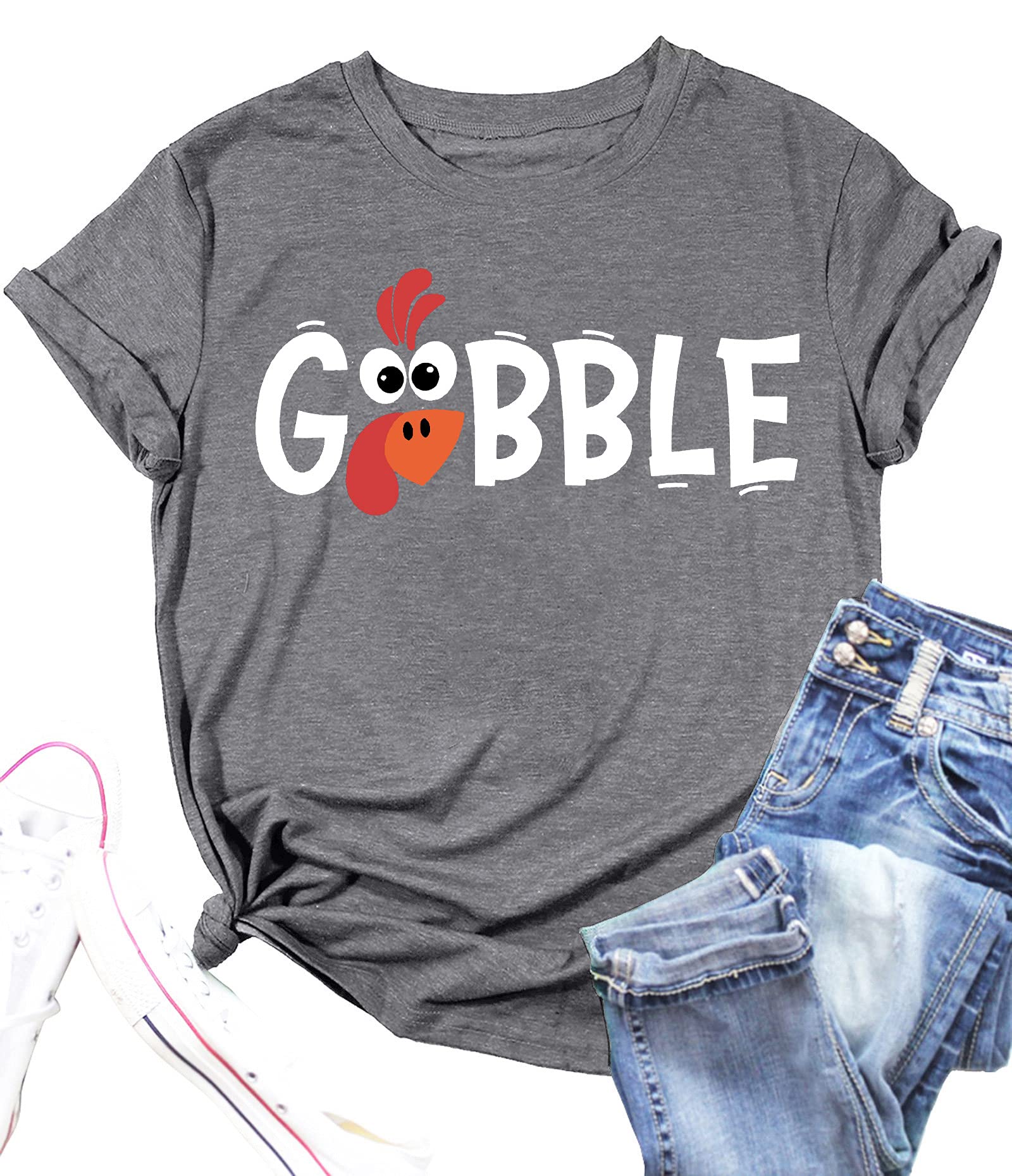Thanksgiving Shirt for Women Gobble Shirt Funny Turkey Graphic Short Sleeve Tee Tops Casual Fall Shirt