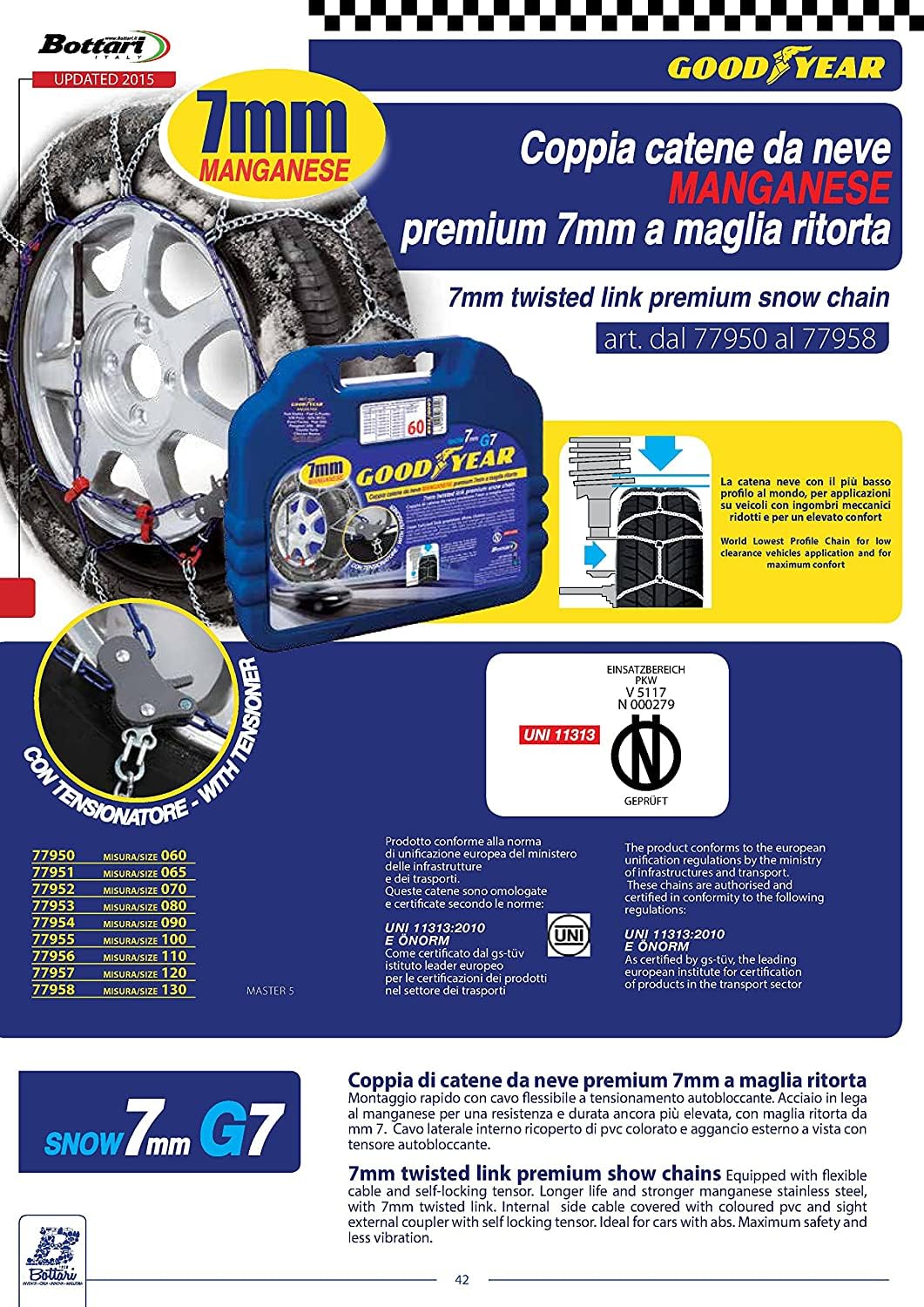 7 mm łańcuchy śniegu samochodowego, TUV. I ONEORM. Zatwierdzony, rozmiar 100