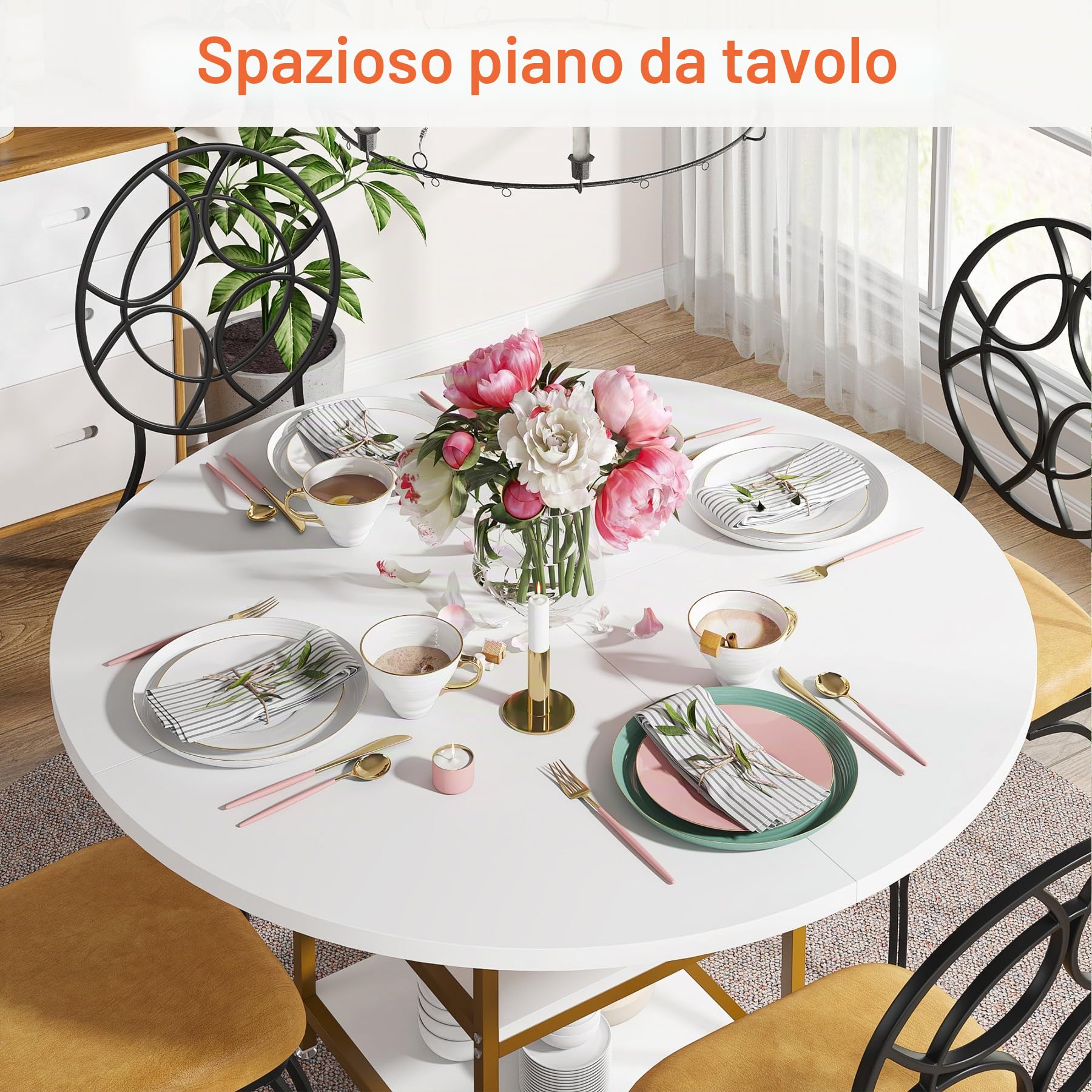 Tribesigns Tavolo da Pranzo Rotondo per 4 Persone, 120 x 75 cm (Diametro x A), Stile Industriale, Tavolo da Cucina in Legno con Ripiano per Sala da Pranzo di Casa Soggiorno, Bianco/Oro