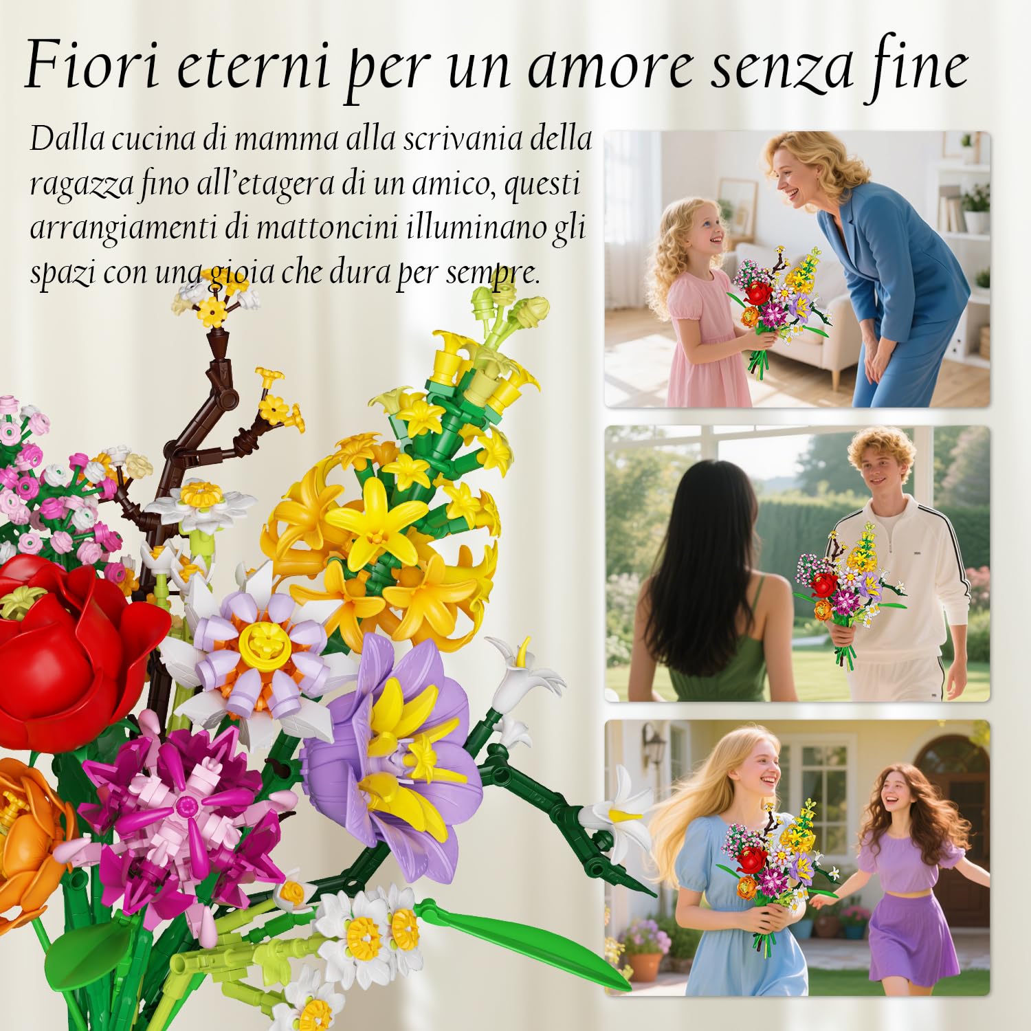 Set di Costruzione di Bouquet di Fiori con Vaso 2 in 1, Set di Bouquet di Fiori Artificiali per Adulti e Donne, Compatibile con Lego la Collezione Botanical di Bouquet di Fiori, 1458 Pezzi