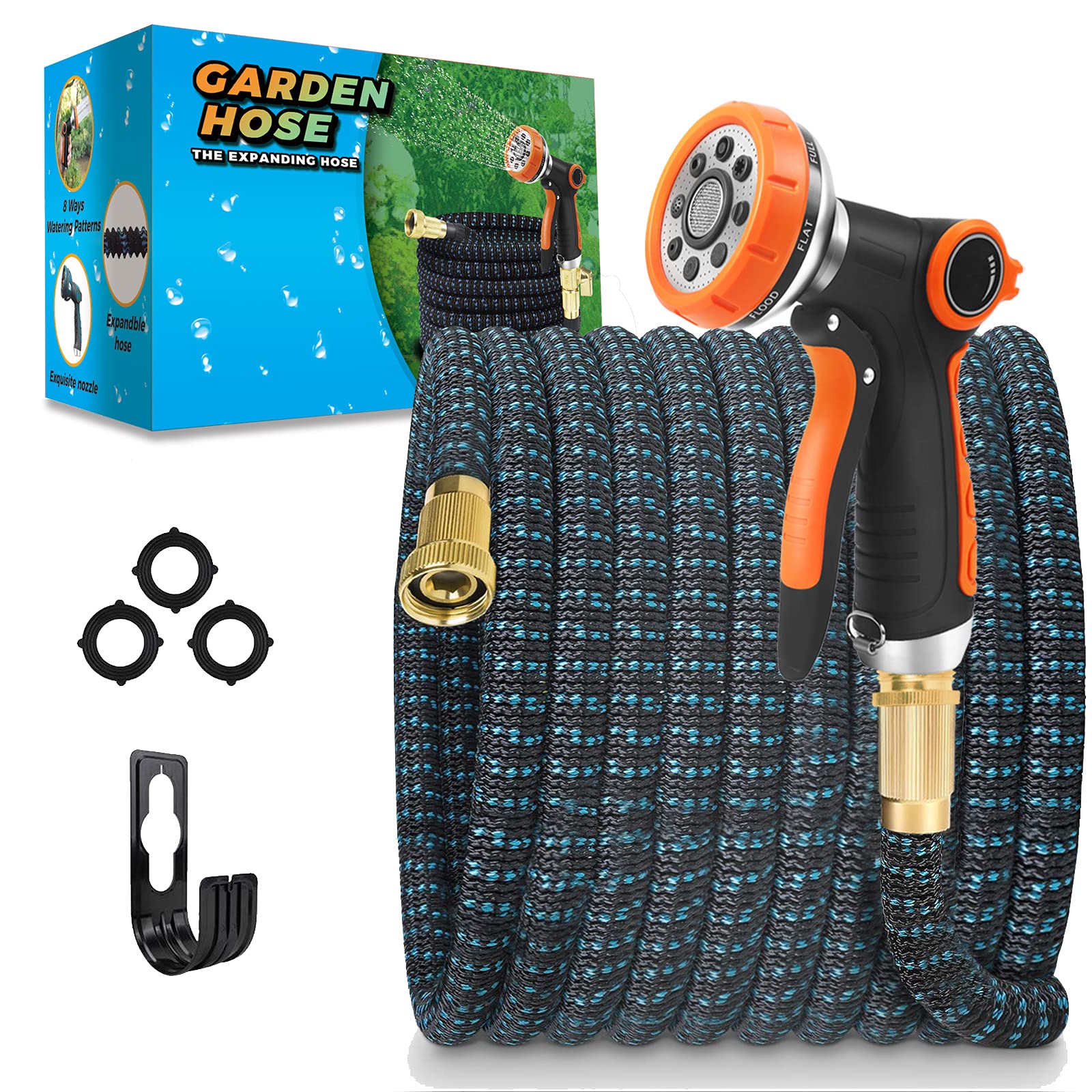 75ft Expandable Garden Hose with 8 Function Spray Nozzle, Lightweight Expanding Watering Hose with Solid Brass Fittings, Anti-Kink, Durable 3 Layers Latex Core Pipe for Car Washing Outdoor Yard Lawn