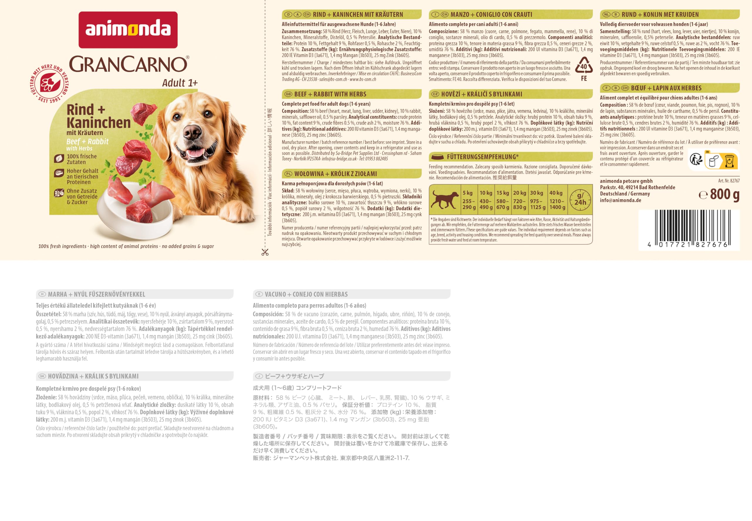 Animonda Gran Carno - Cibo per Cani, coniglio + erbe, 6 x 800 g