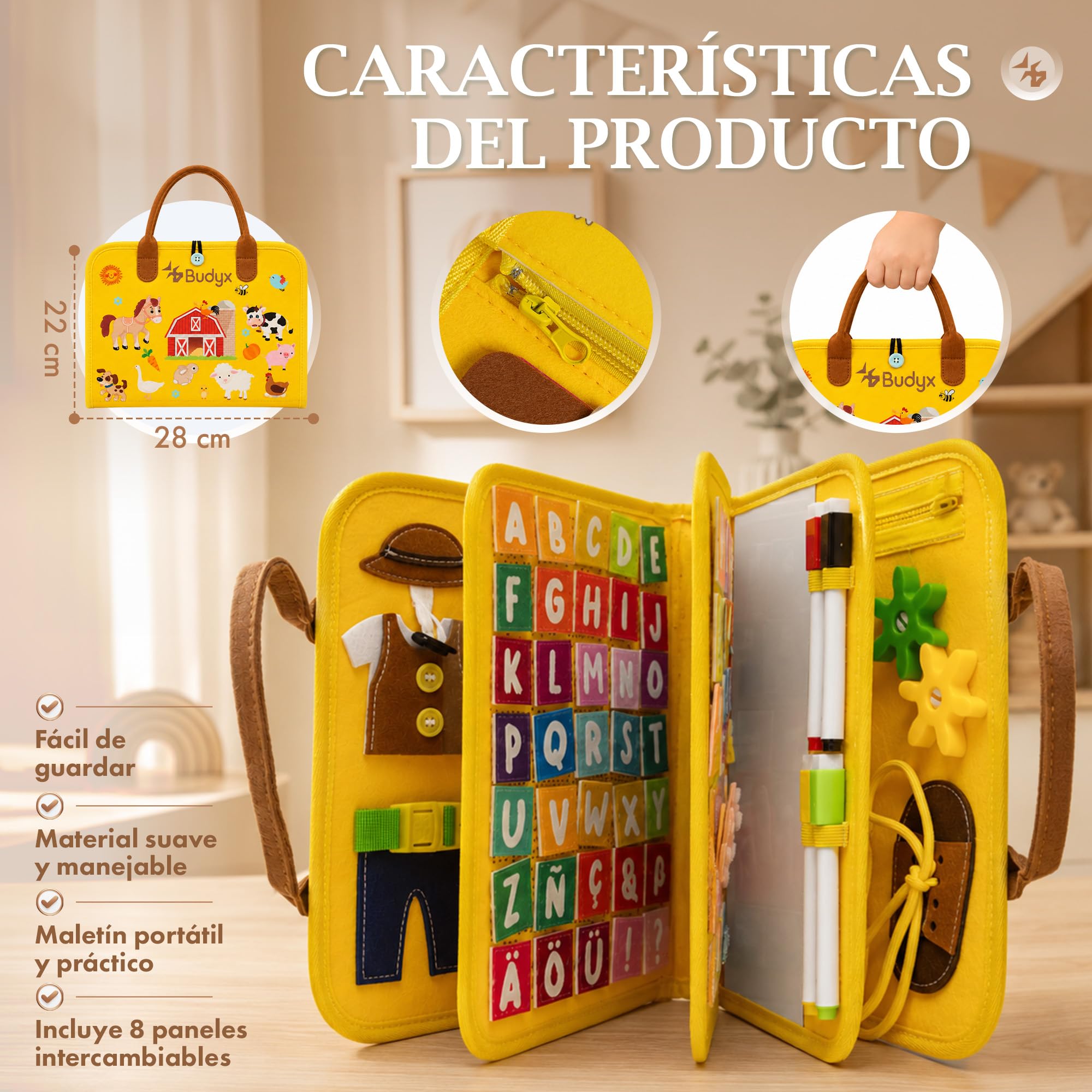 Busy Board Montessori con Pizarra. Tablero de Actividades Sensoriales. Maletín Educativo para Motricidad Fina. Juguete de Viaje para Niñas y Niños de 3, 4, 5 años. Regalo Infantil, Cumpleaños