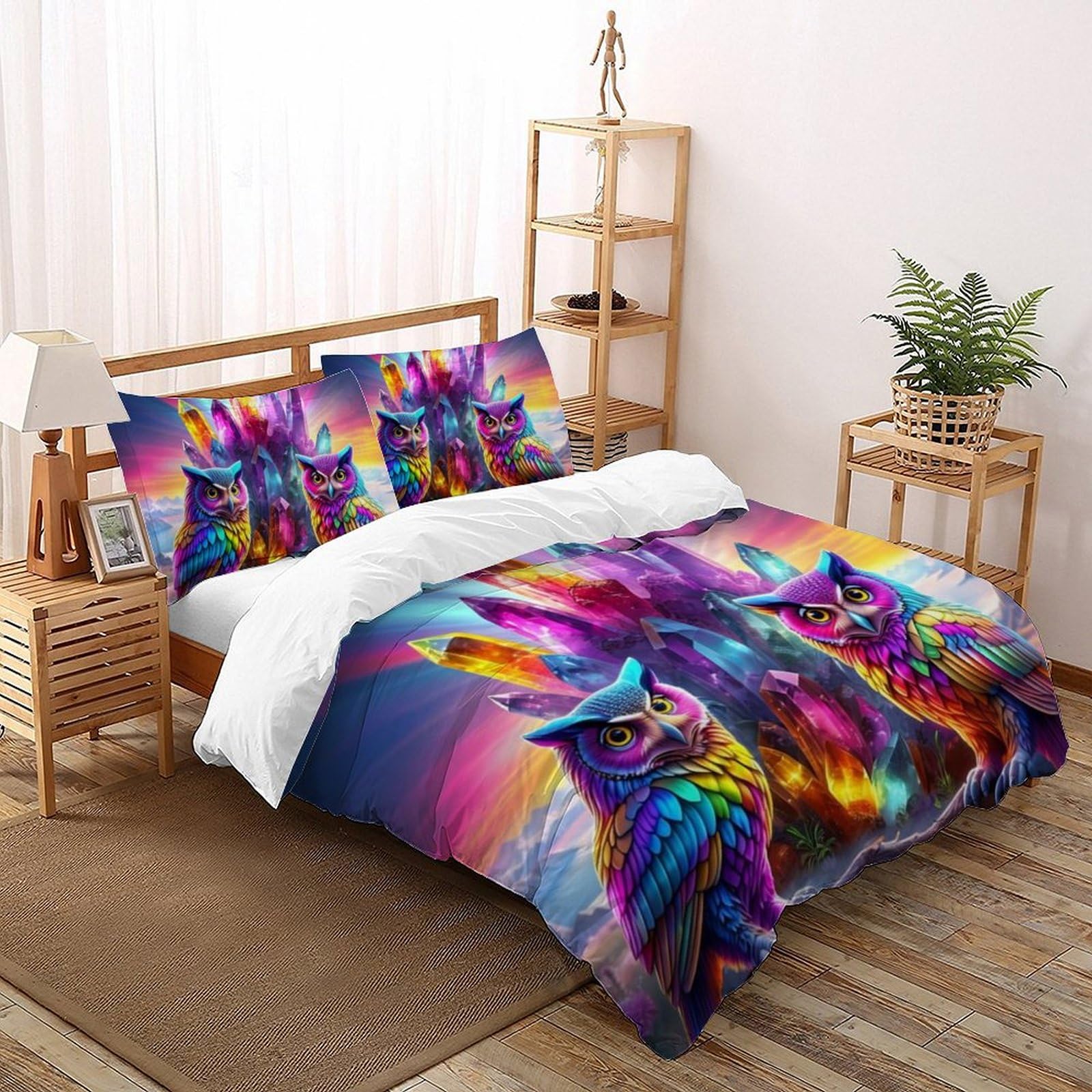 Housse de couette hibou 260x220 cm en microfibre avec taies d'oreiller