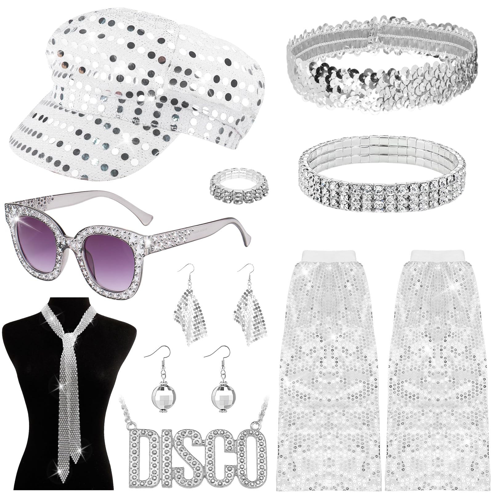 10Pcs 1970s Disco Accessories Set for Women - Sparkly Sequins Beret Hat, Leg Warmers, Earrings, Bracelet, Ring, Headband - 70s/80s Theme Party Fancy Dress Kit
