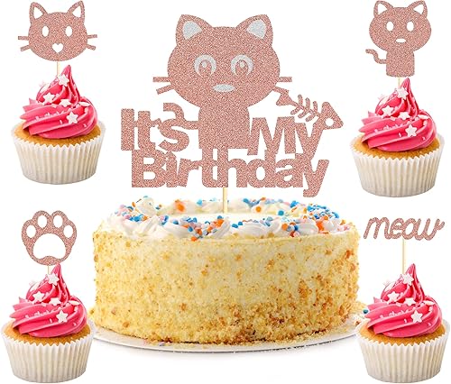 Miniatura 1 de 25 piezas de decoración de pastel de fiesta de cumpleaños de gatos, 24 adornos para cupcakes con 1 decoración de pastel de cumpleaños de gato para