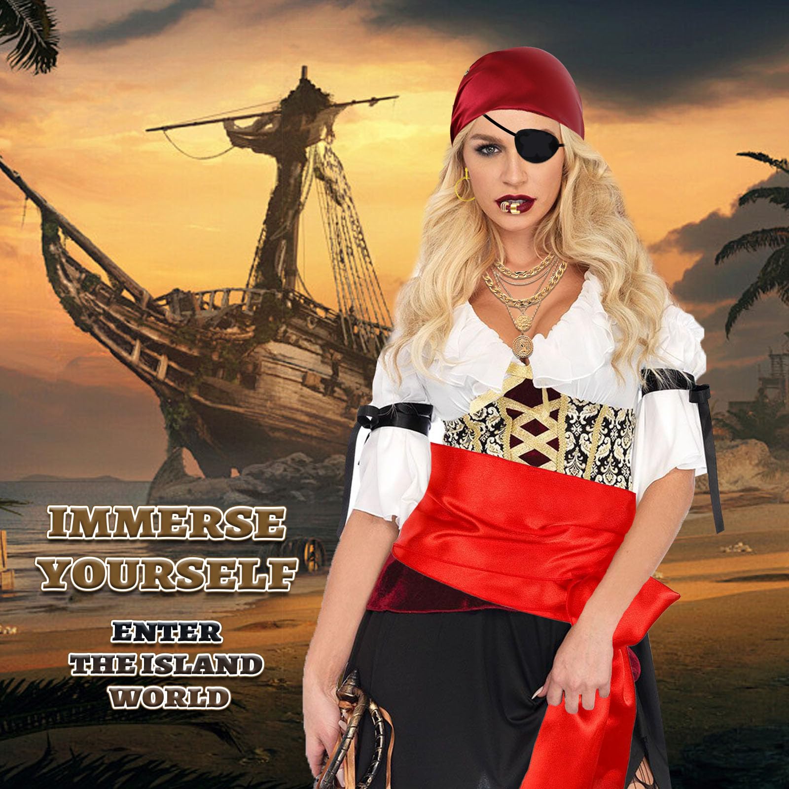 Dazzroi 49 Pcs Pirate Costume Accessories Set for Women Pirate Cosplay Outfit with Red Headscarf Sash Belt Golden Earring Necklace Hair Extension Ring Eye Patch for Halloween Party World Book Day - Image 4