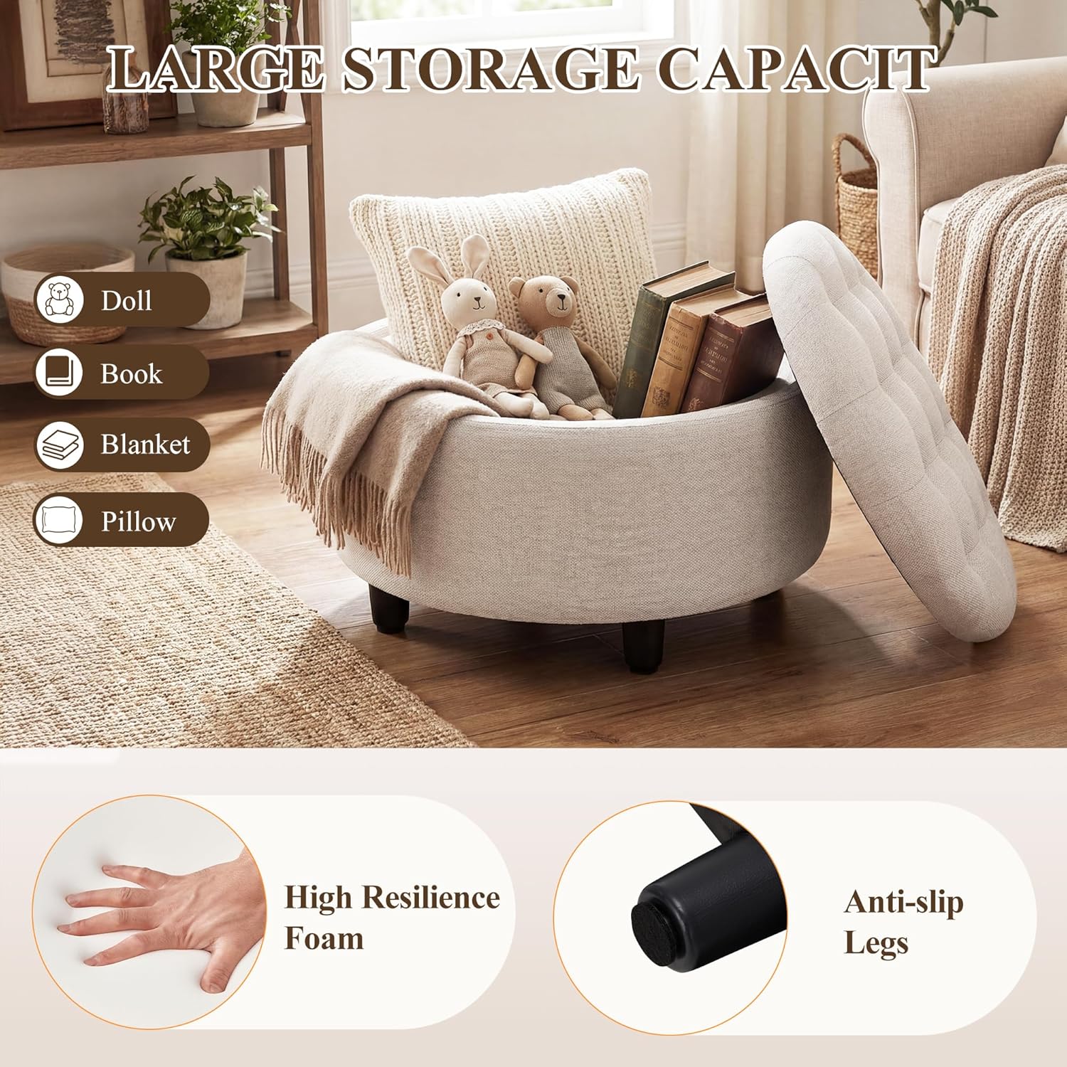 COLAMY Fabric Round Storage Ottoman with Reversible Tray Lid – Multi-Functional Footrest, Hidden Storage, Sturdy & Stylish Small Coffee Table for Living Room, Bedroom, or Entryway(Beige)
